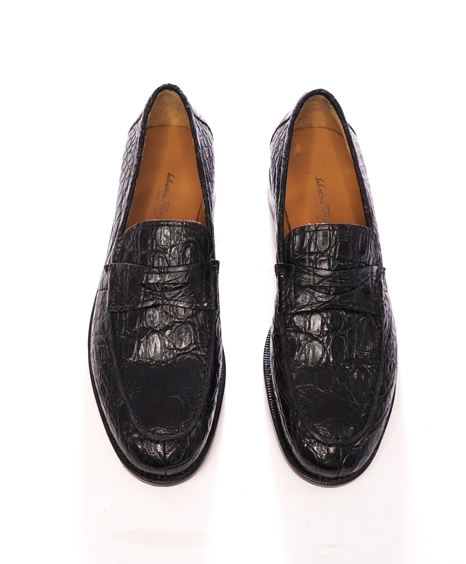 $2,100 FERRAGAMO TRAMEZZA - Black "Crocodile Skin" Loafers - 9.5 D