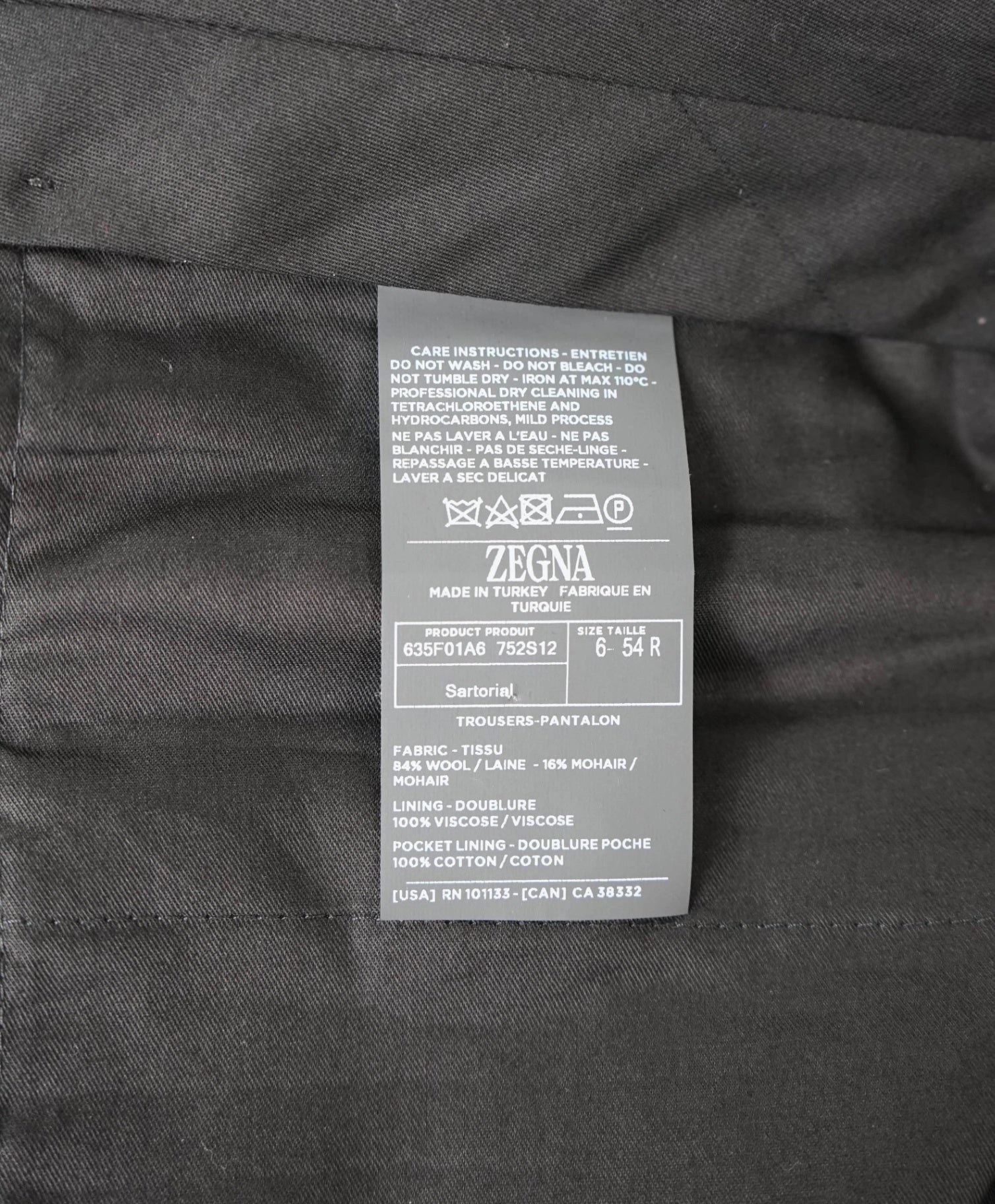 $840 ZEGNA - Solid Black Wool/Mohair Tuxedo Pants - 37W