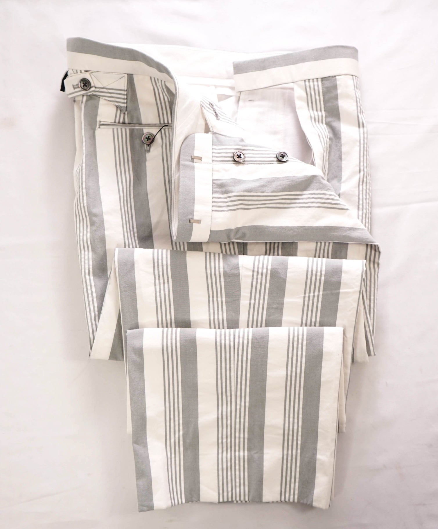 $1,350 THOM BROWNE - Gray/White Stripe Cotton Chinos - 35W