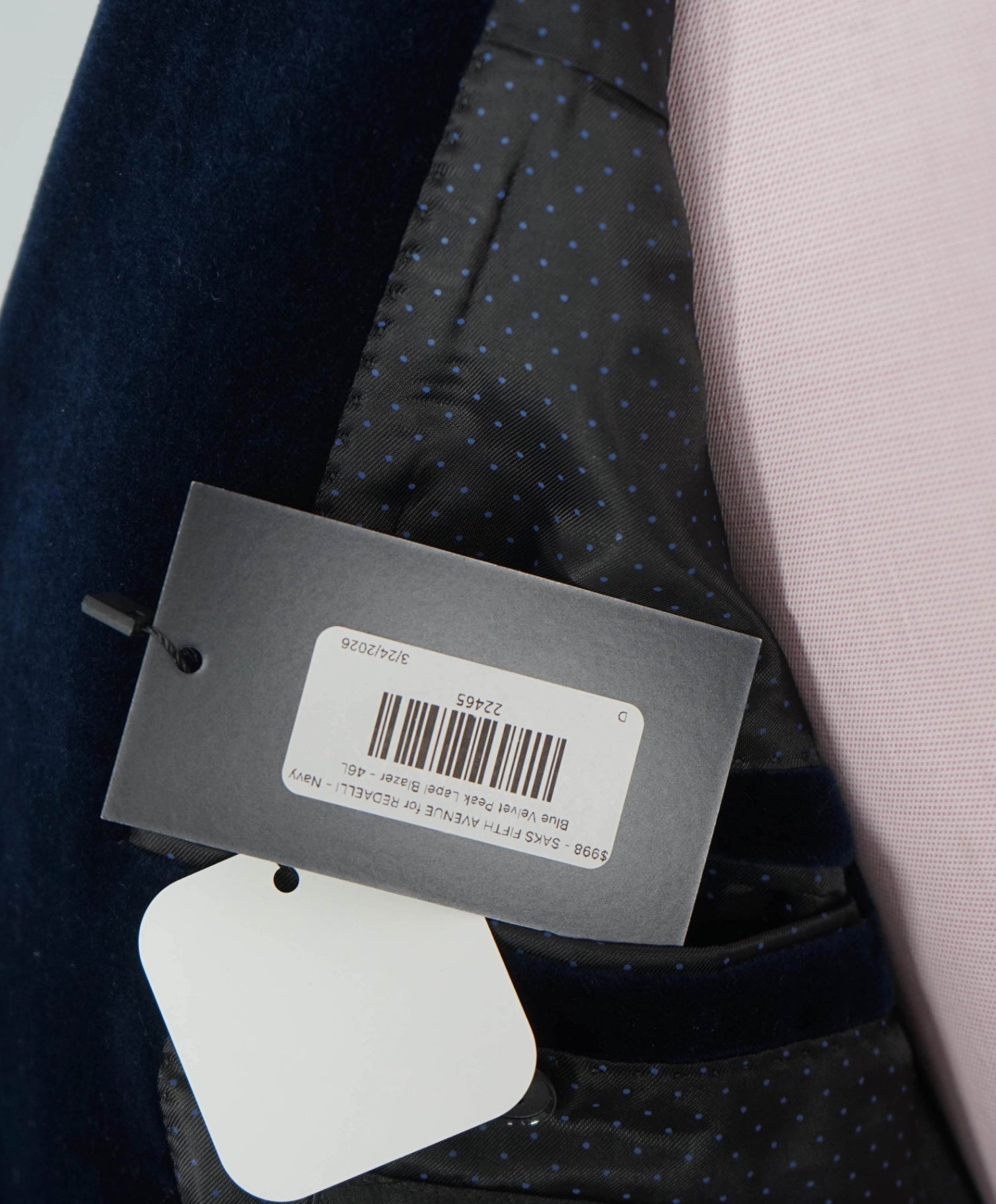 $998 - SAKS 5TH AVE for REDAELLI - Navy Velvet Peak Blazer - 46L