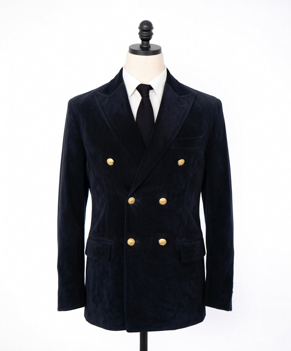 $6,475 ELEVENTY - Navy Blue Lamb Suede Double Breasted Blazer - 38S