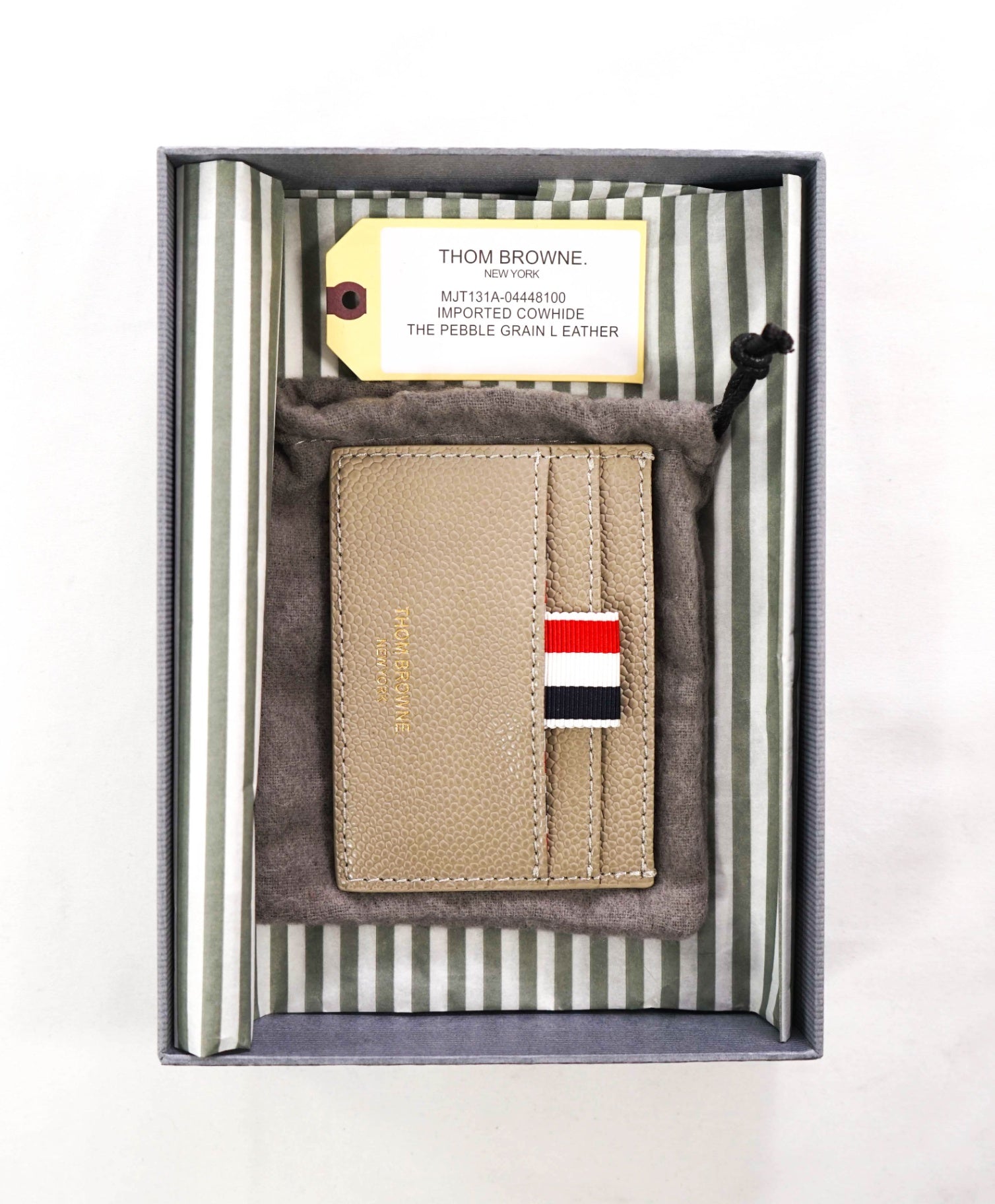 $250 THOM BROWNE - Beige Pebble Grain Leather Single Card Holder