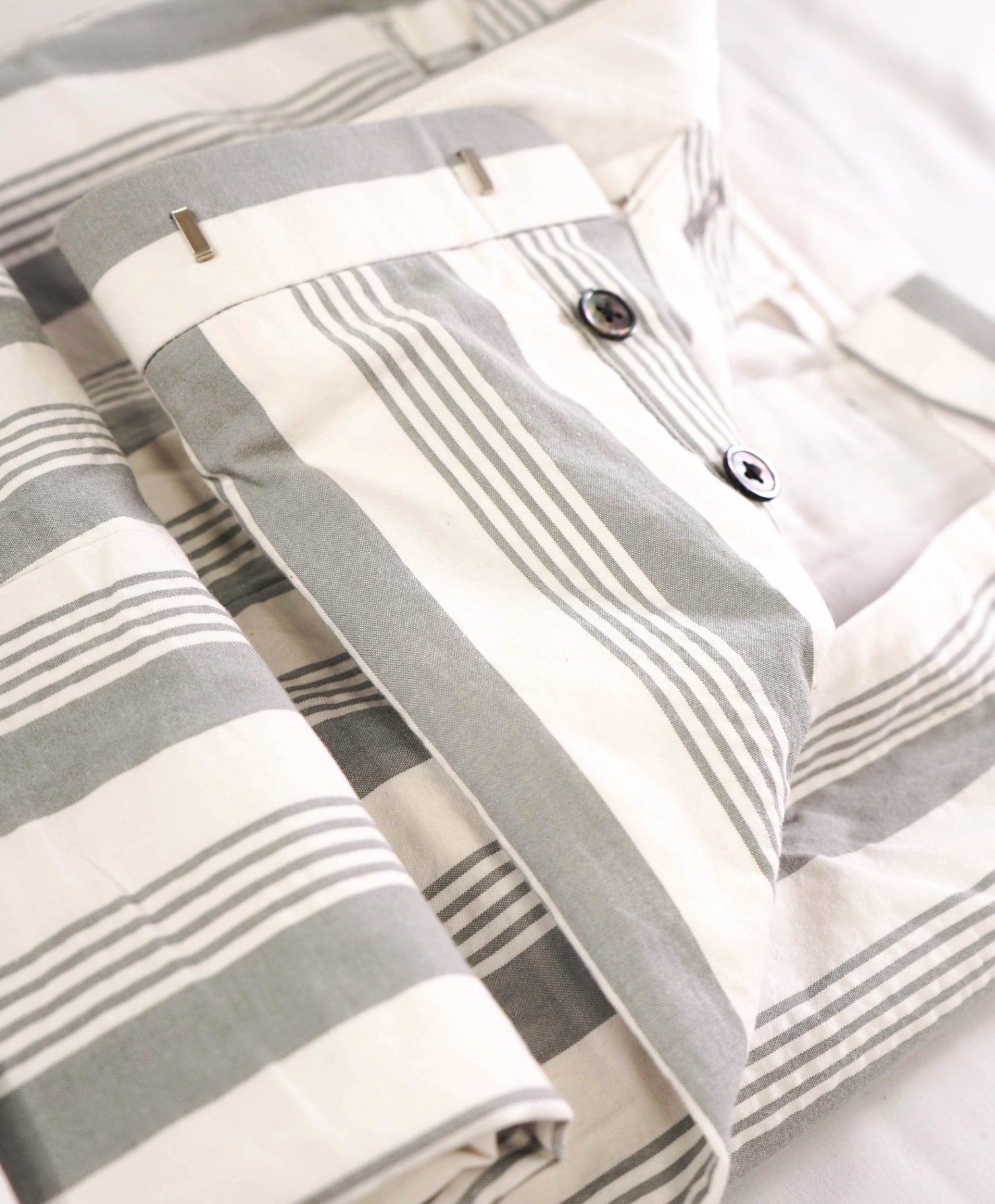 $1,350 THOM BROWNE - Gray/White Stripe Cotton Chinos - 35W