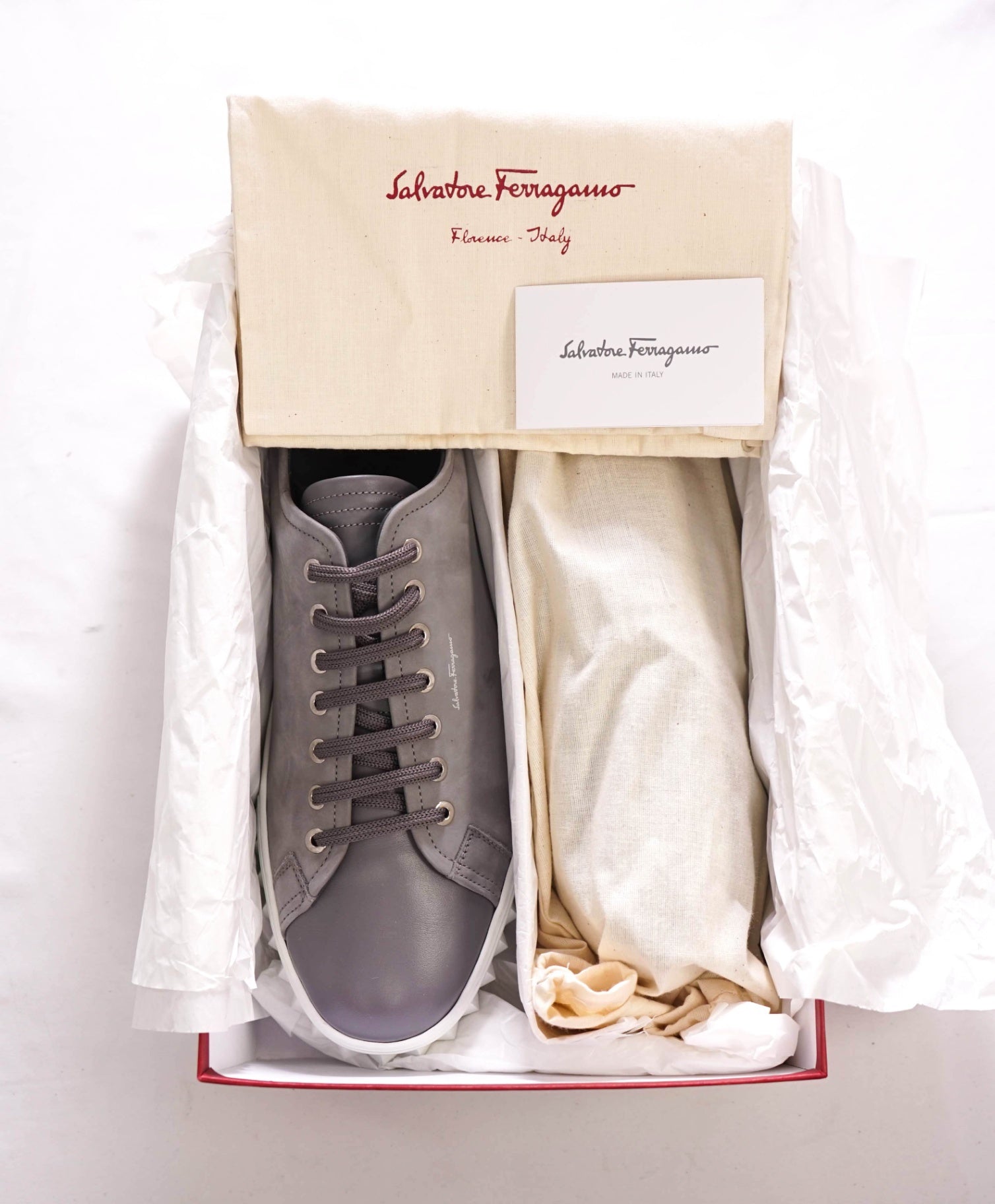$800 FERRAGAMO - Gray Leather "CUBE" SNeakers - 11 M
