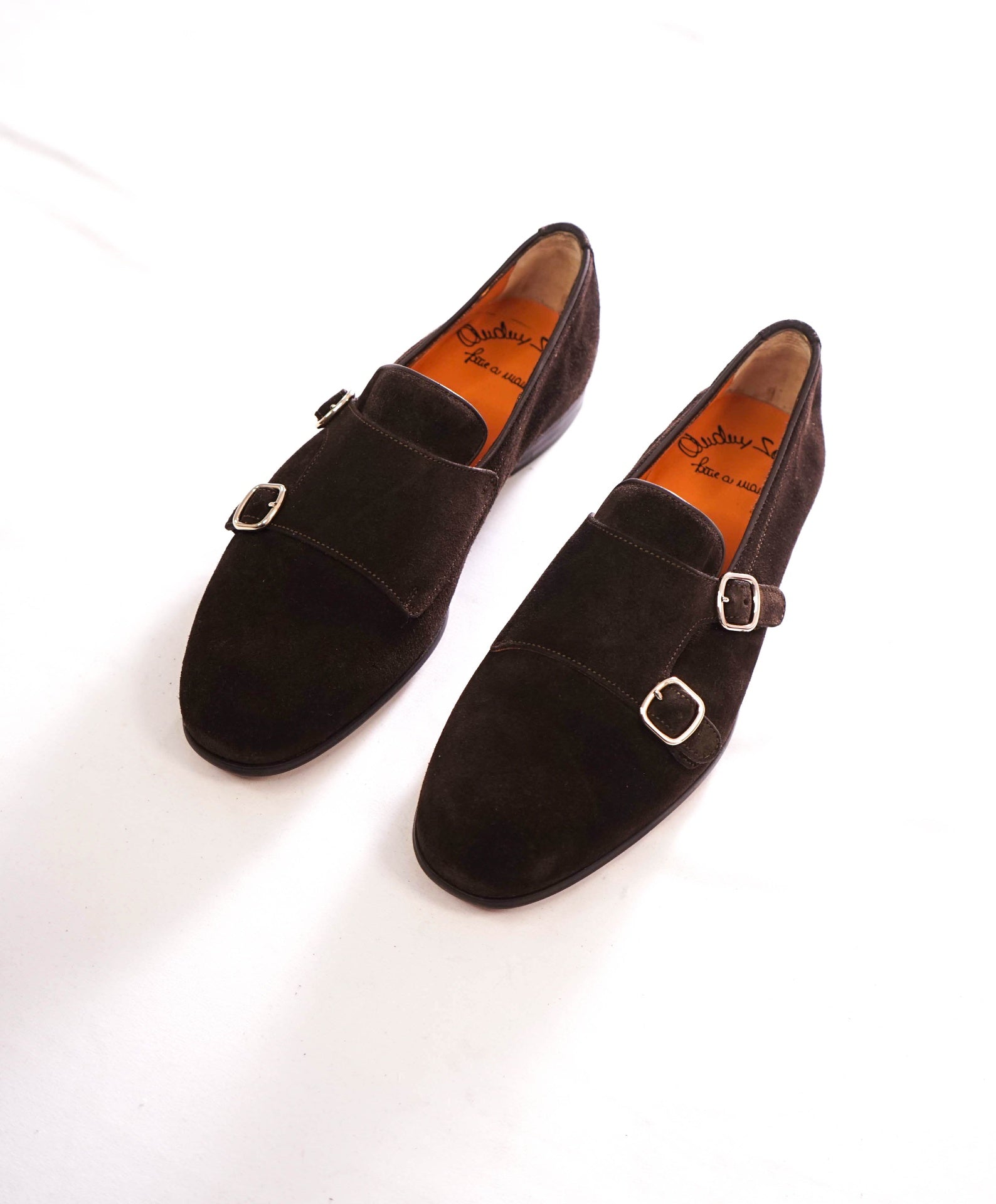 $1,050 SANTONI - Brown Suede Monk Strap Venetian - US 7.5 (UK6.5)