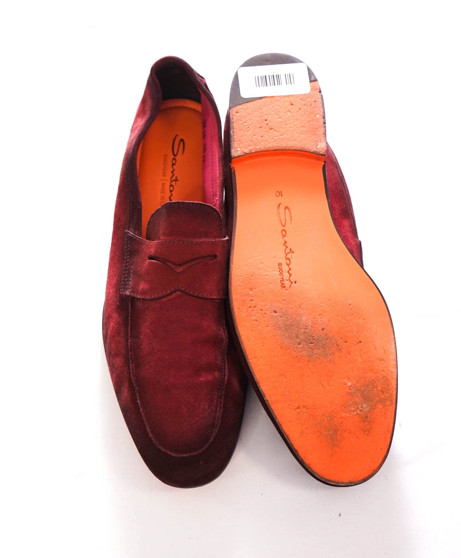 $800 SANTONI - Red GOODYEAR Unlined Suede Loafers - US 11 (UK10)