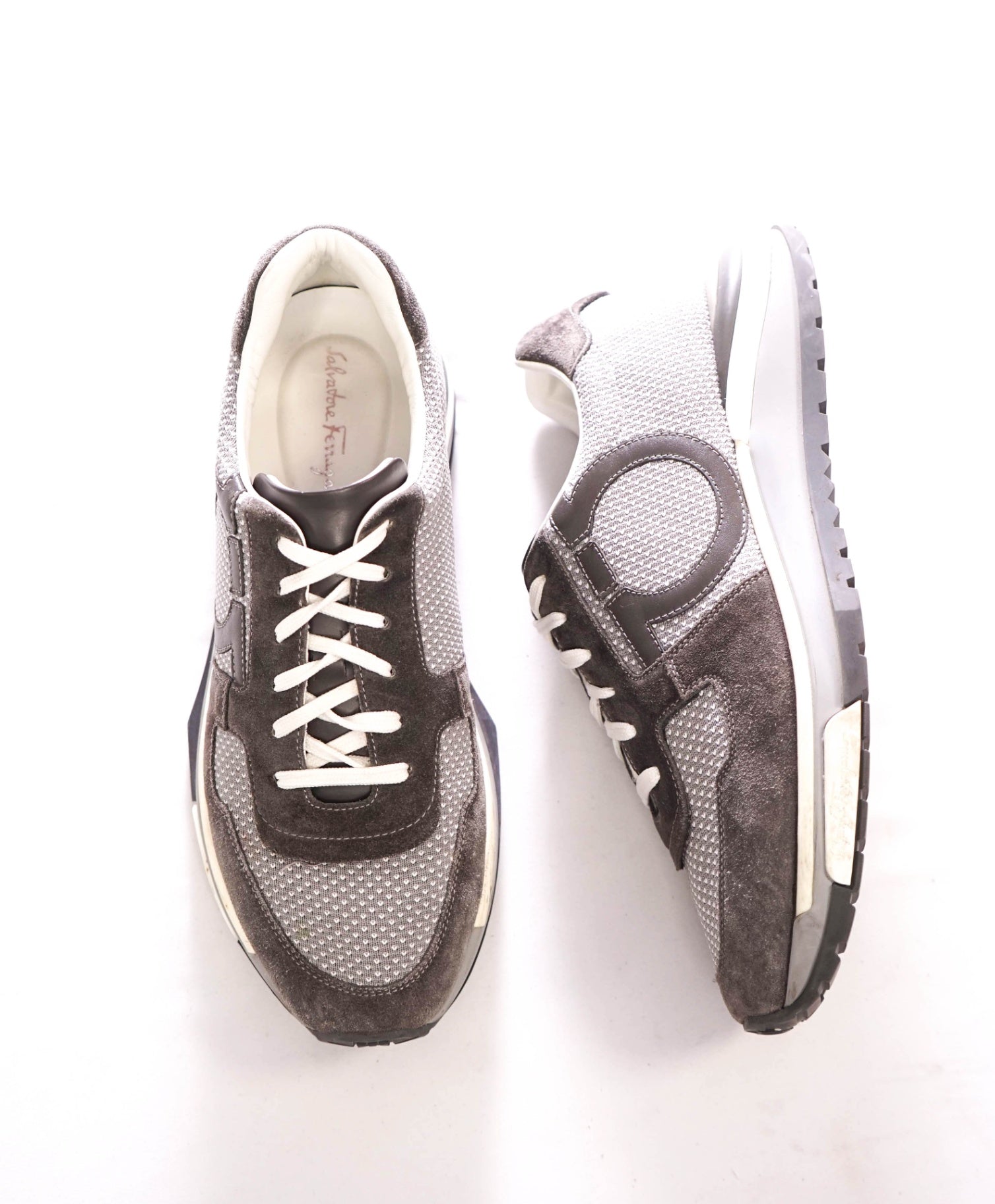 $750 FERRAGAMO - "Brooklyn" Gray Suede/Fabric Sneakers - 8 M