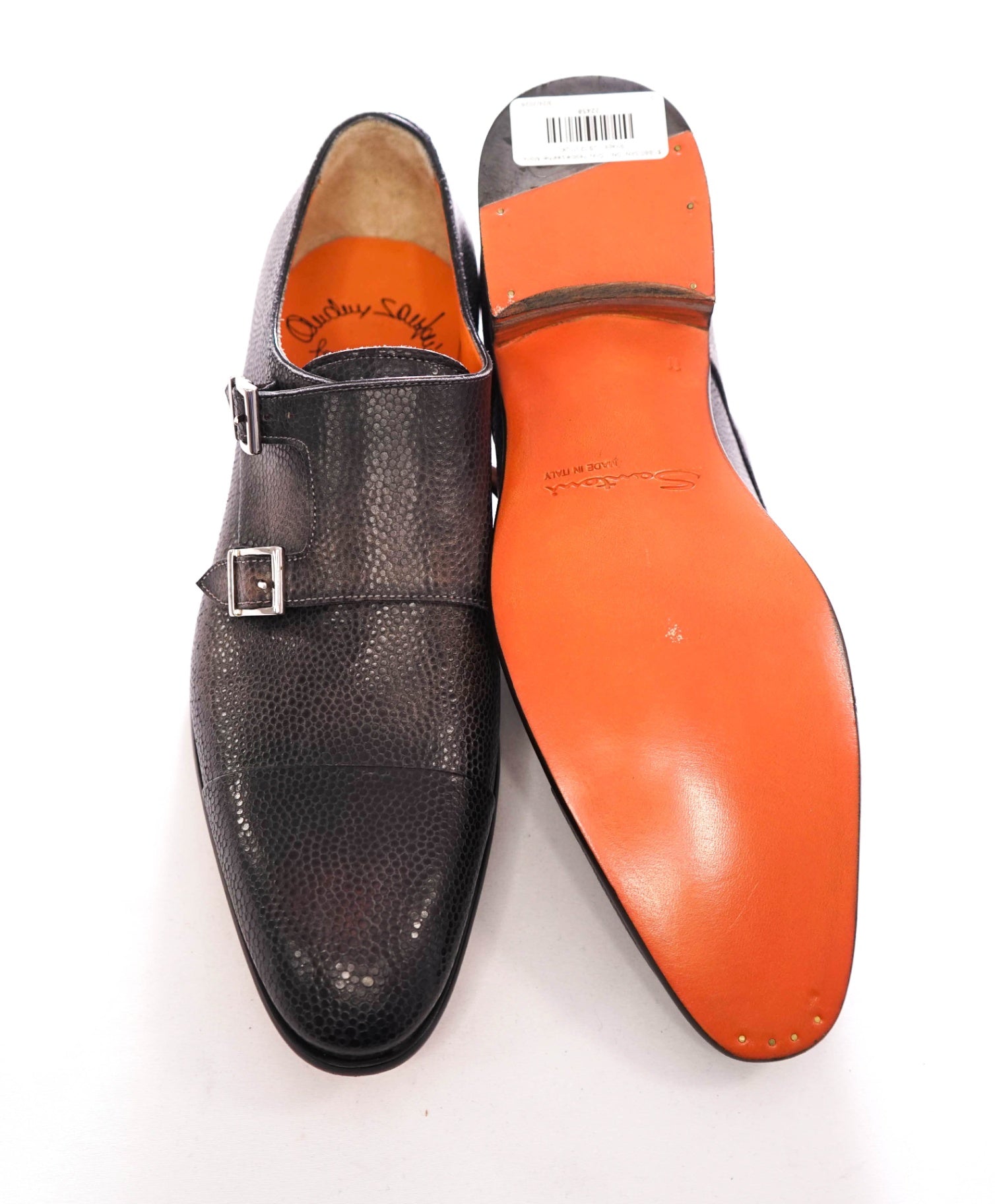 $1,595 SANTONI - Gray Pebble Leather Monk Straps - US 12 (11UK)
