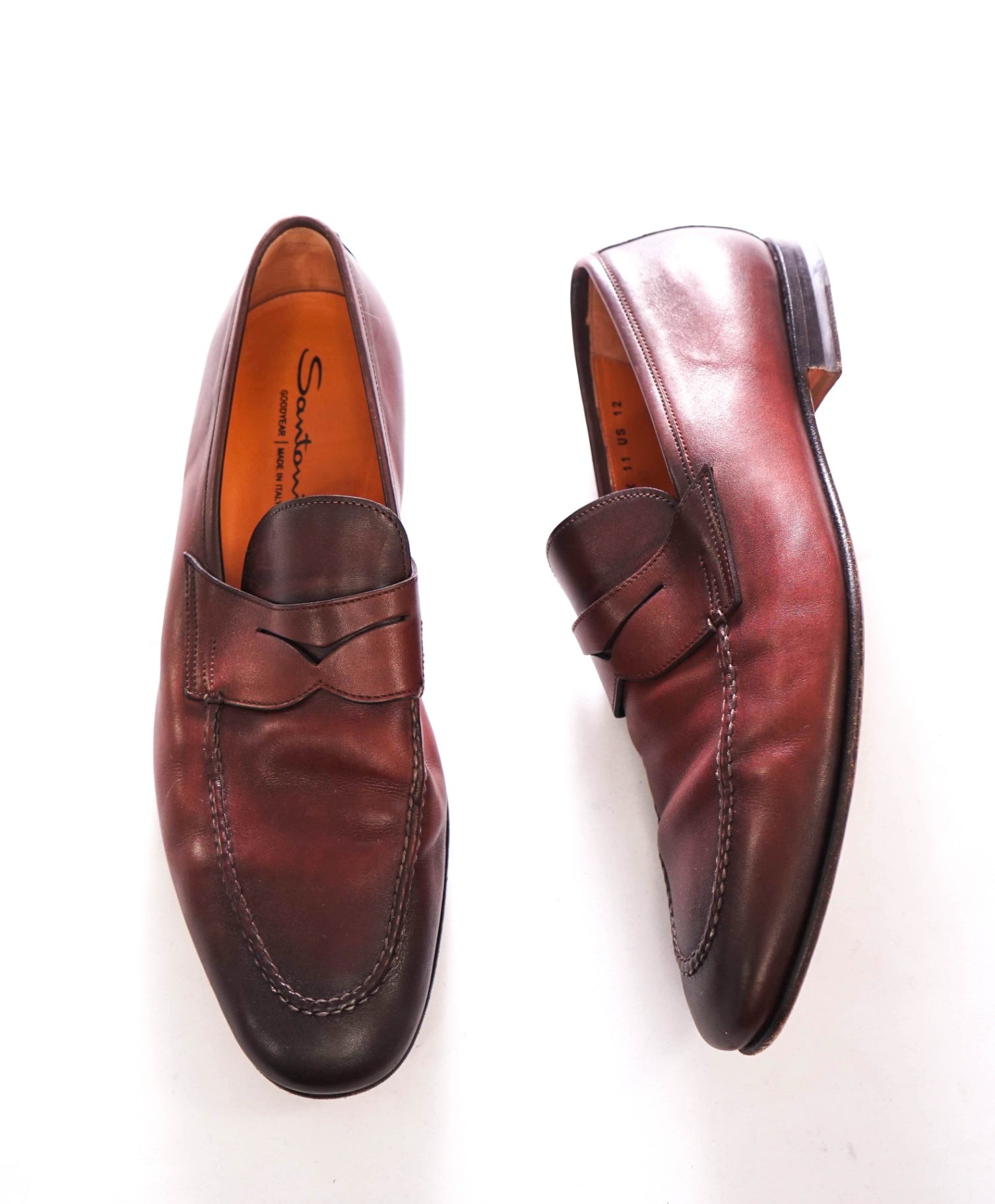 $1,295 SANTONI - "GOODYEAR” Red Patina Penny Loafers - US 12 (UK11)