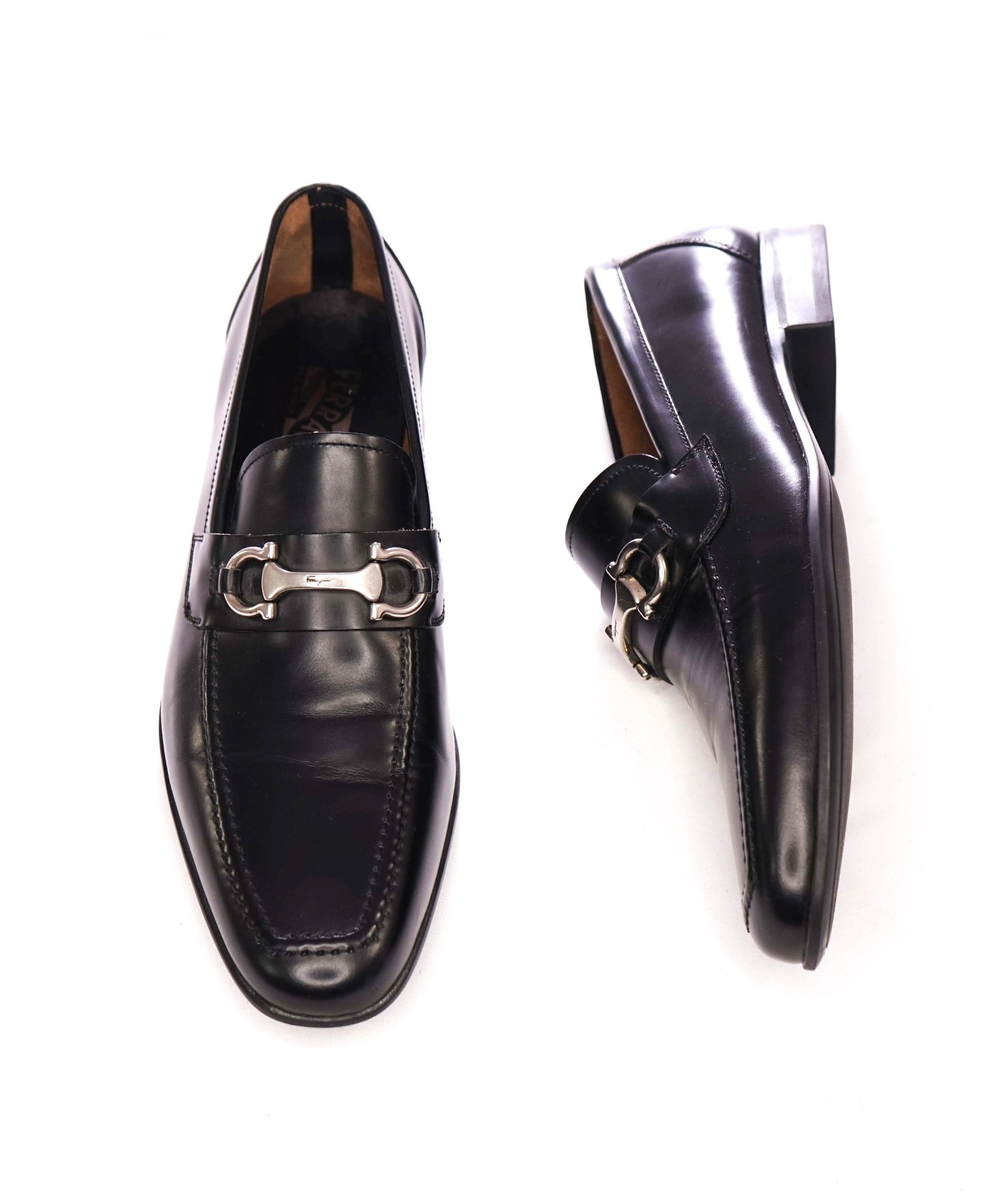 $850 FERRAGAMO - "Lawton" Black Leather Loafers - 8 D
