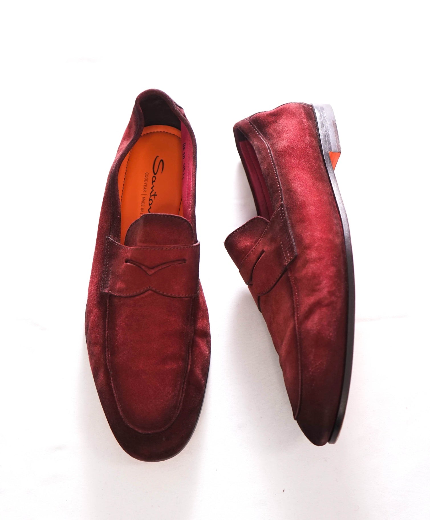 $800 SANTONI - Red GOODYEAR Unlined Suede Loafers - US 11 (UK10)