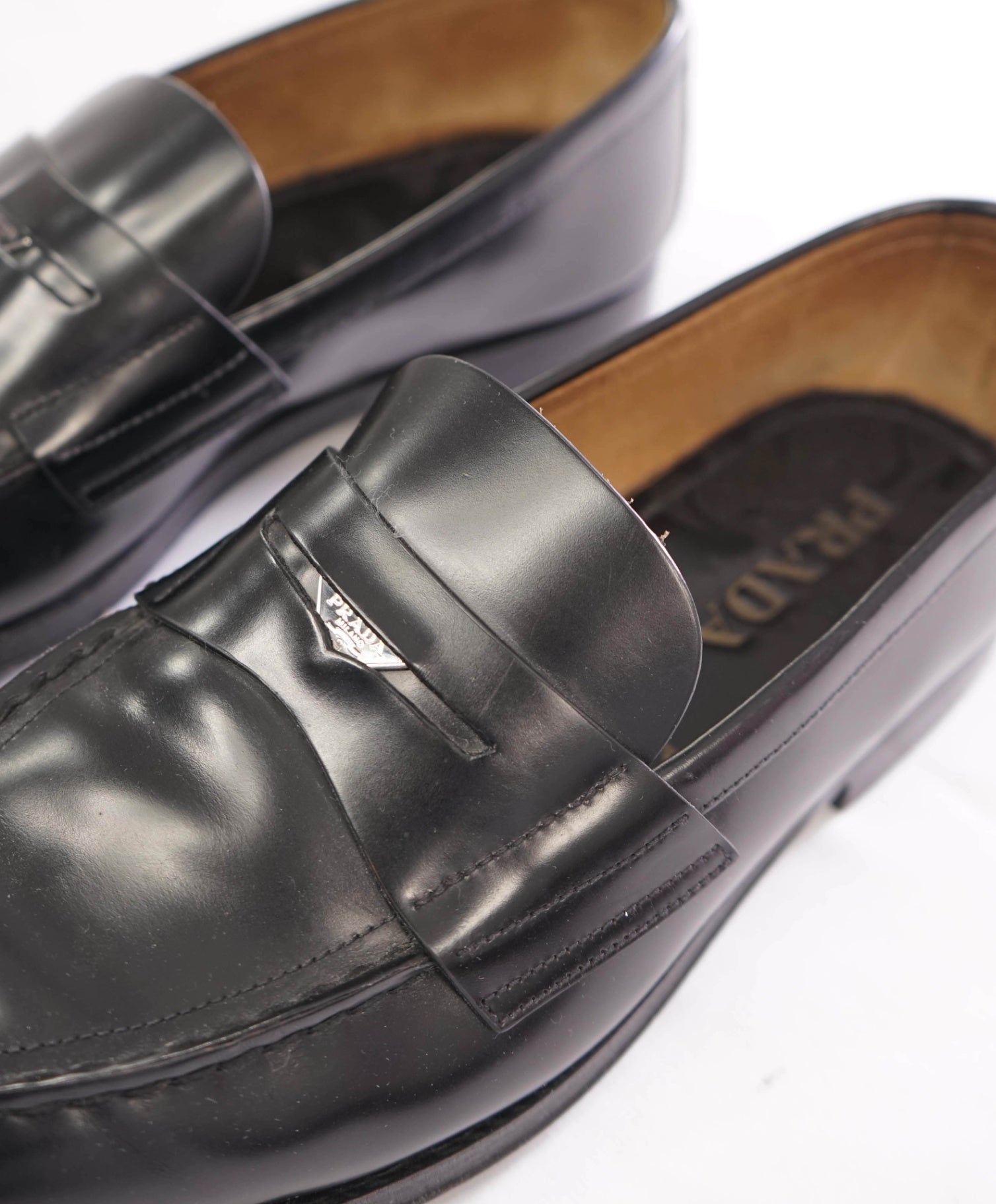 $1,200 PRADA - Black Leather Penny Loafers - US 7.5 (6.5UK)