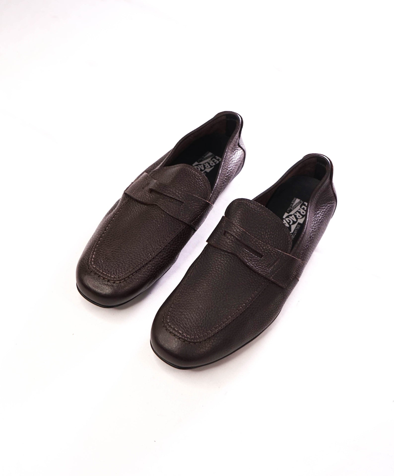 $795 FERRAGAMO - Brown Logo Engraved Penny Loafers - 10 EE