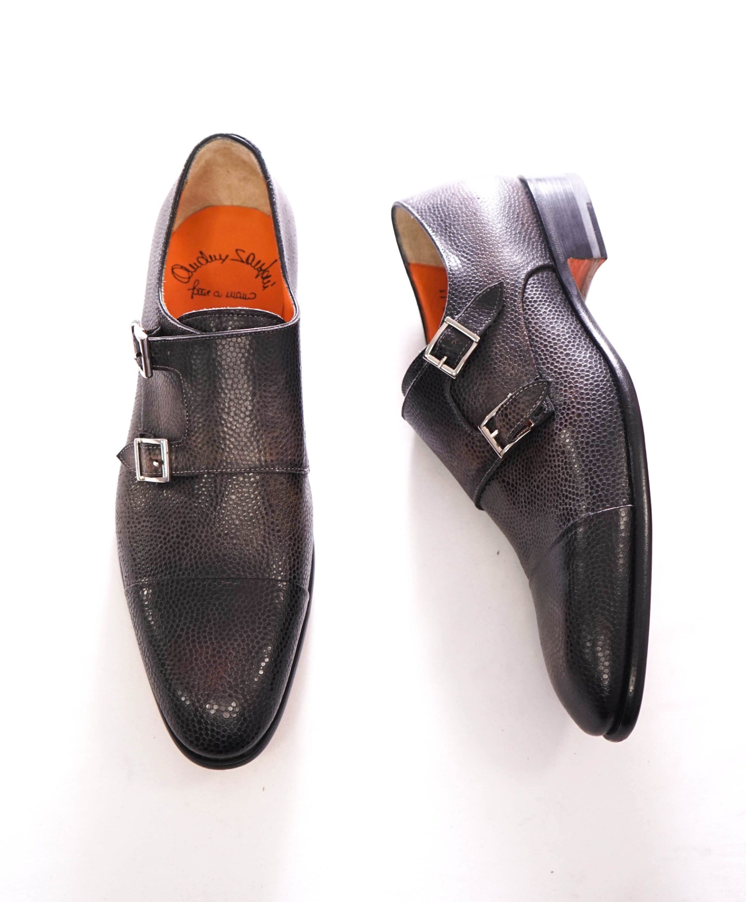 $1,595 SANTONI - Gray Pebble Leather Monk Straps - US 12 (11UK)