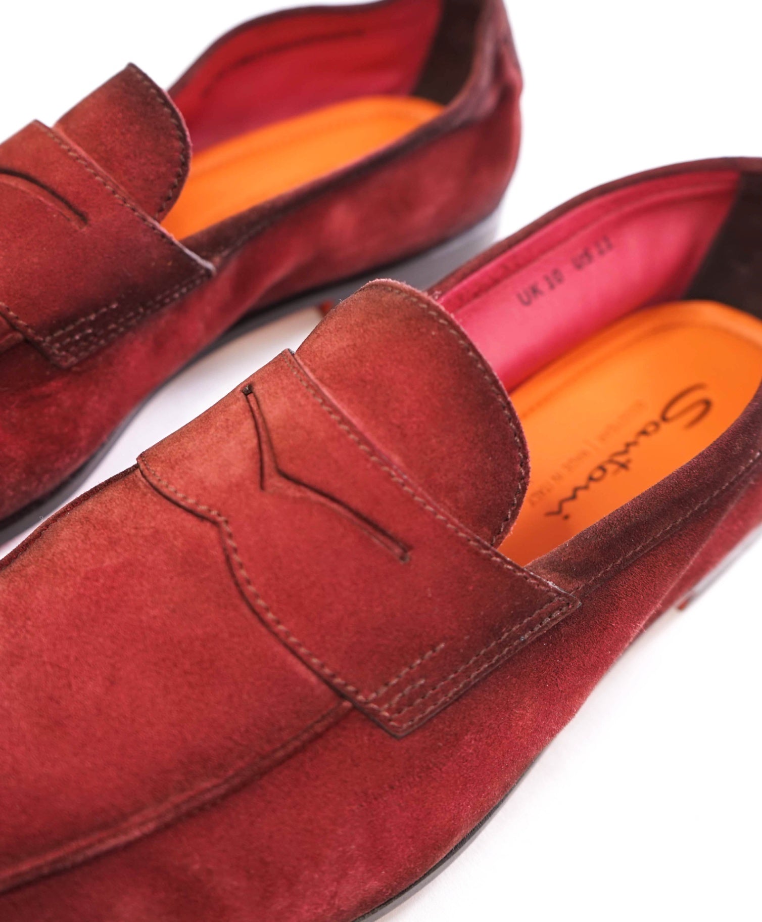 $800 SANTONI - Red GOODYEAR Unlined Suede Loafers - US 11 (UK10)