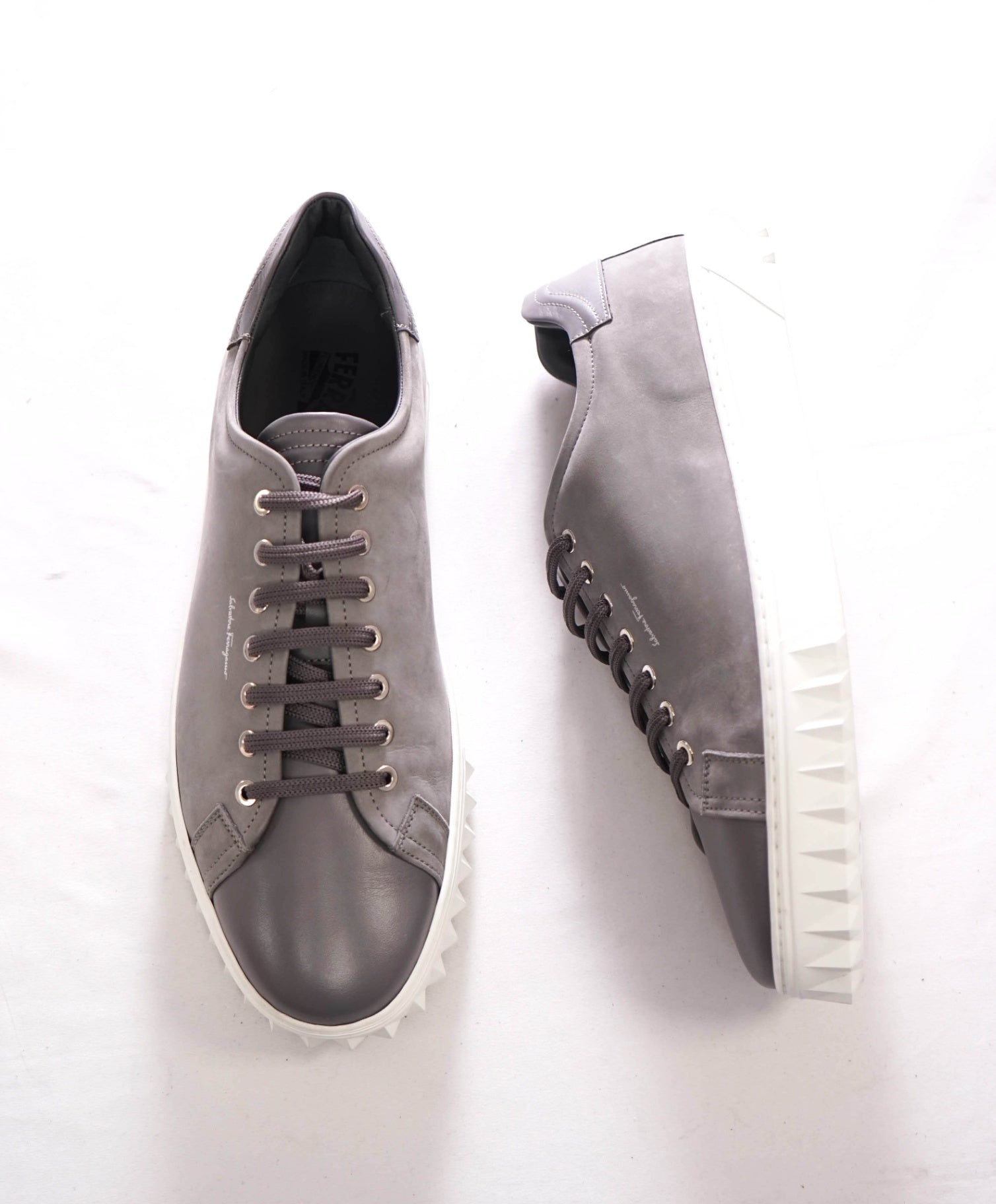 $800 FERRAGAMO - Gray Leather "CUBE" SNeakers - 11 M