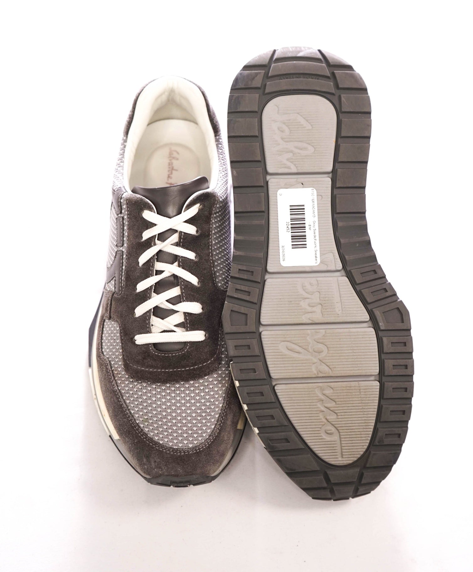 $750 FERRAGAMO - "Brooklyn" Gray Suede/Fabric Sneakers - 8 M