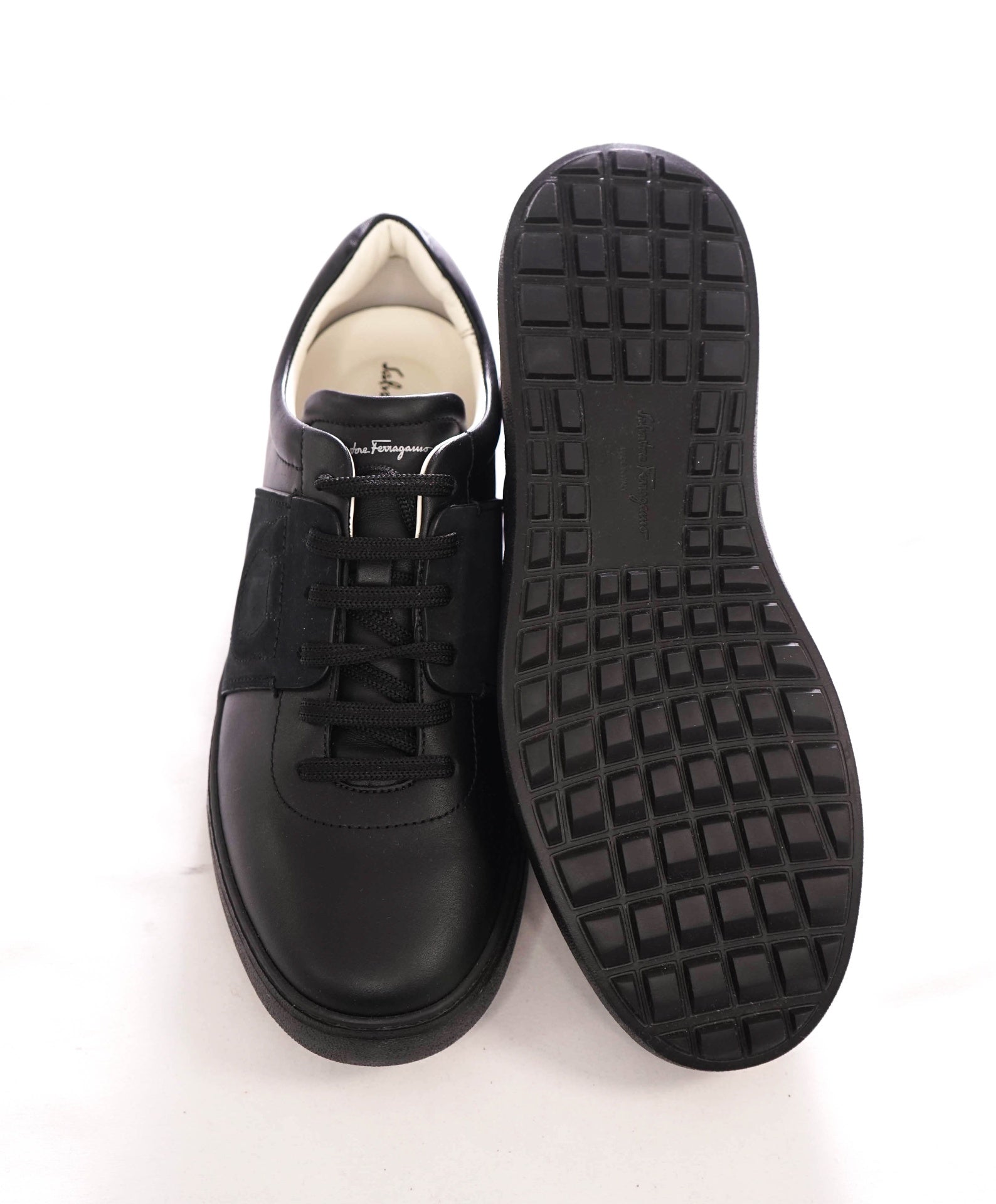 $750 FERRAGAMO - Black Leather "CULT" Sneakers - 7.5 M