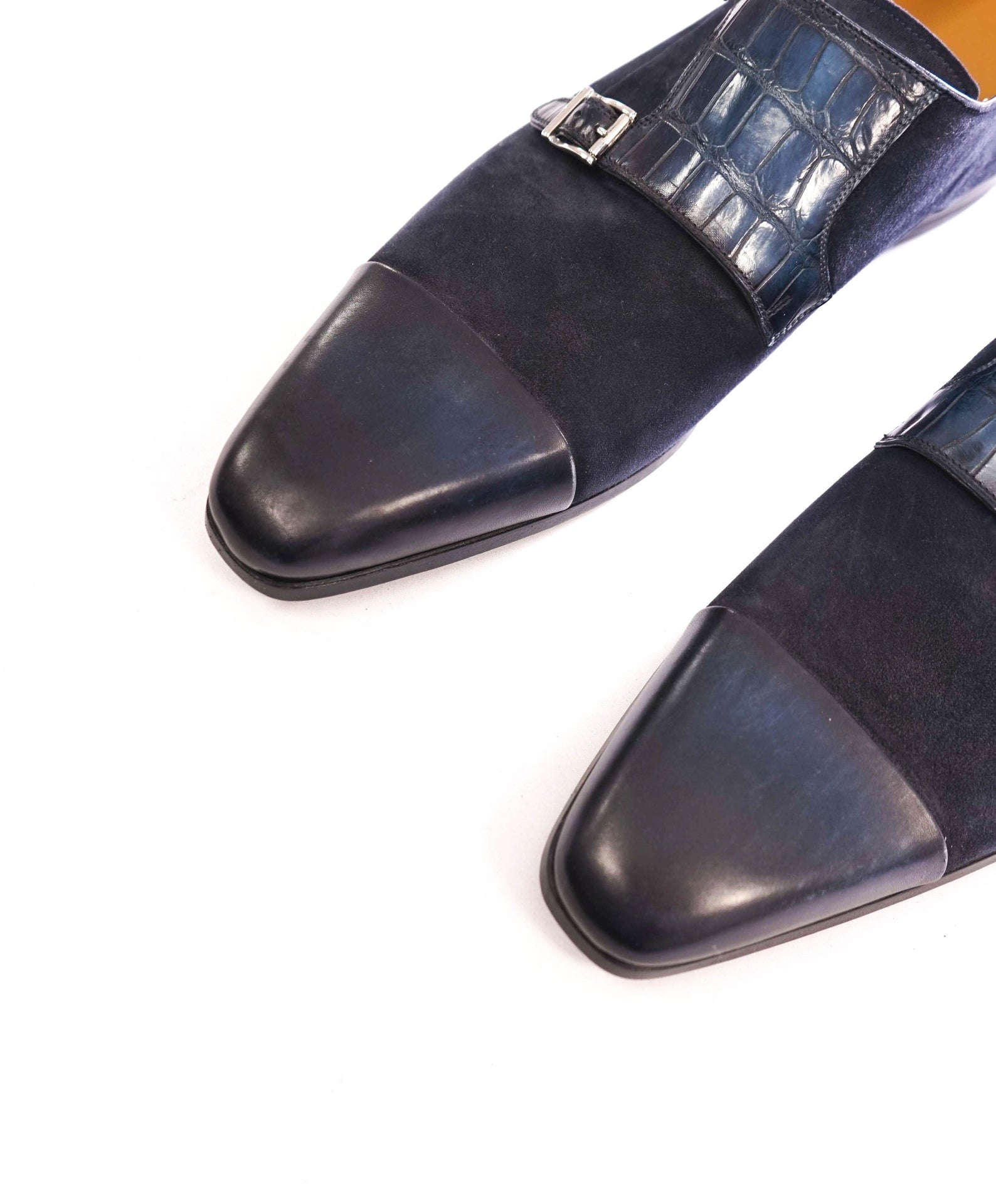 $1,020 MAGNANNI - Blue Alligator/Suede/Leather Monk Straps - 11 M