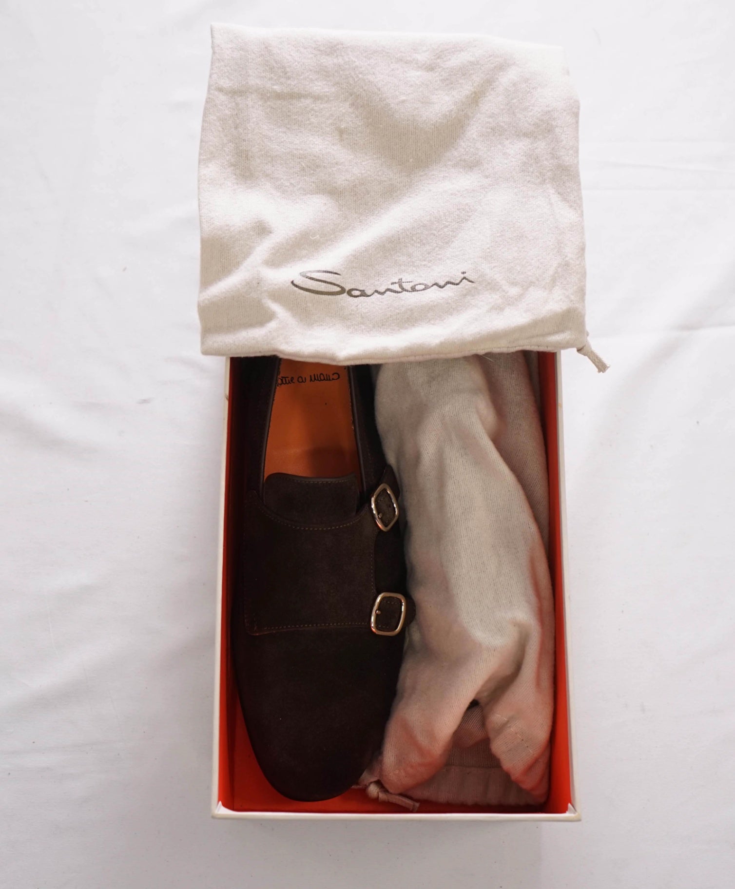 $1,050 SANTONI - Brown Suede Monk Strap Venetian - US 7.5 (UK6.5)