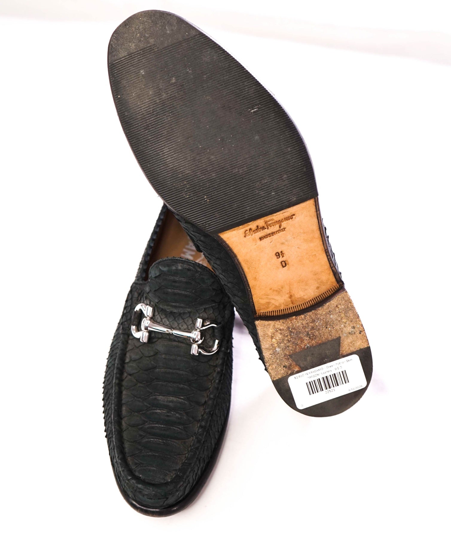 $2,650 FERRAGAMO - Gray/Green Python Skin "MASON" Loafers - 9.5 D