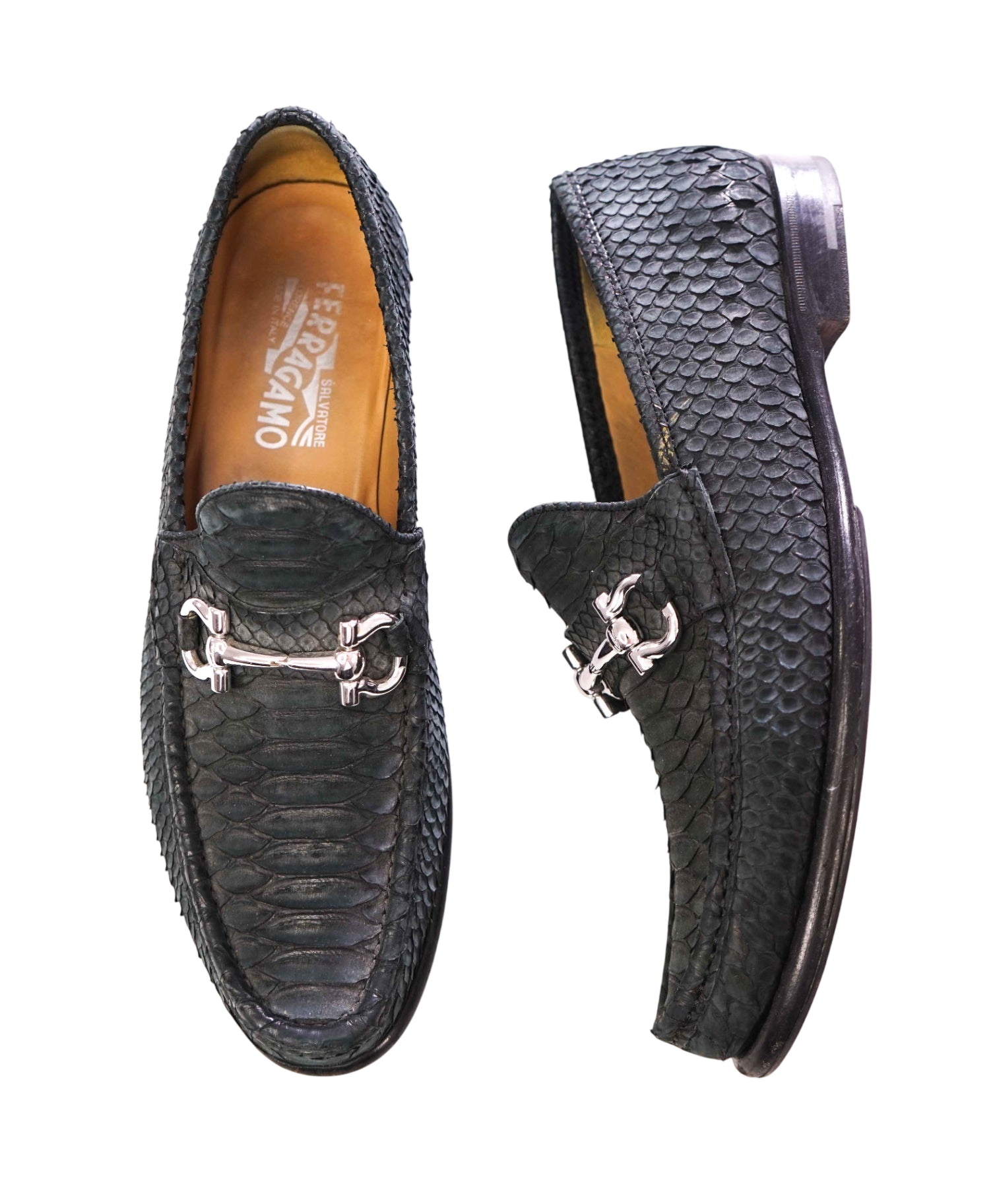 $2,650 FERRAGAMO - Gray/Green Python Skin "MASON" Loafers - 9.5 D