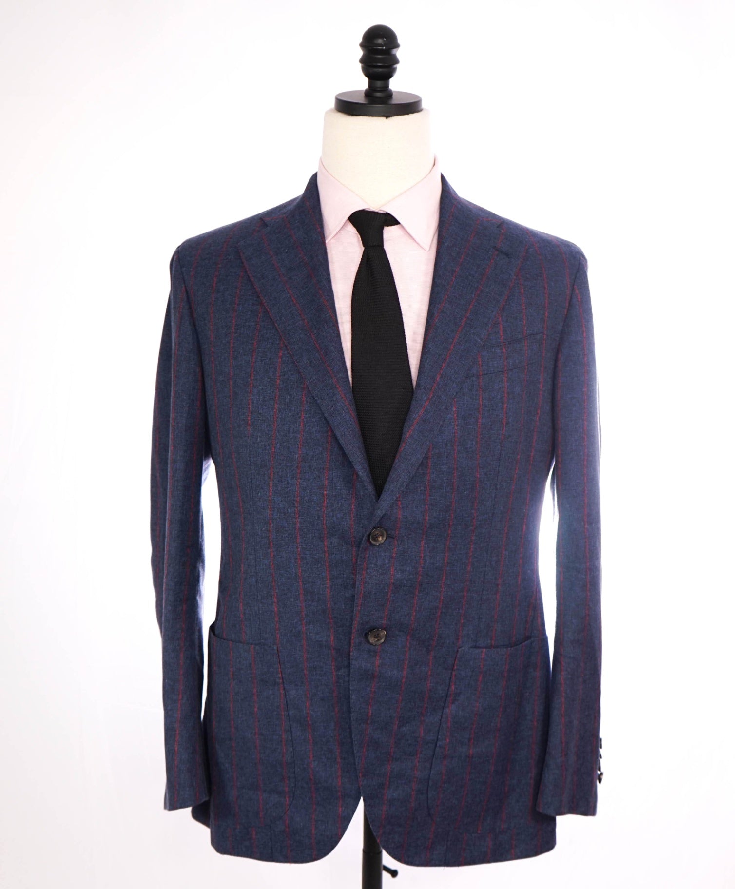 $6,595 ISAIA - CUSTOM Navy Blue/Red Stripe Wool/Cotton/Silk Suit - 40R