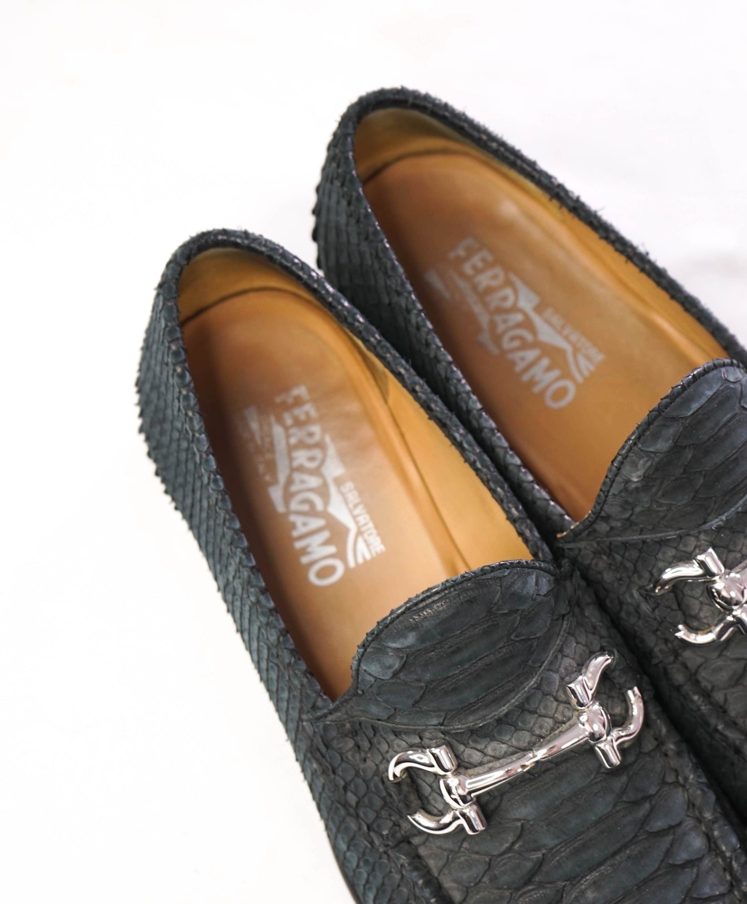 $2,650 FERRAGAMO - Gray/Green Python Skin "MASON" Loafers - 9.5 D