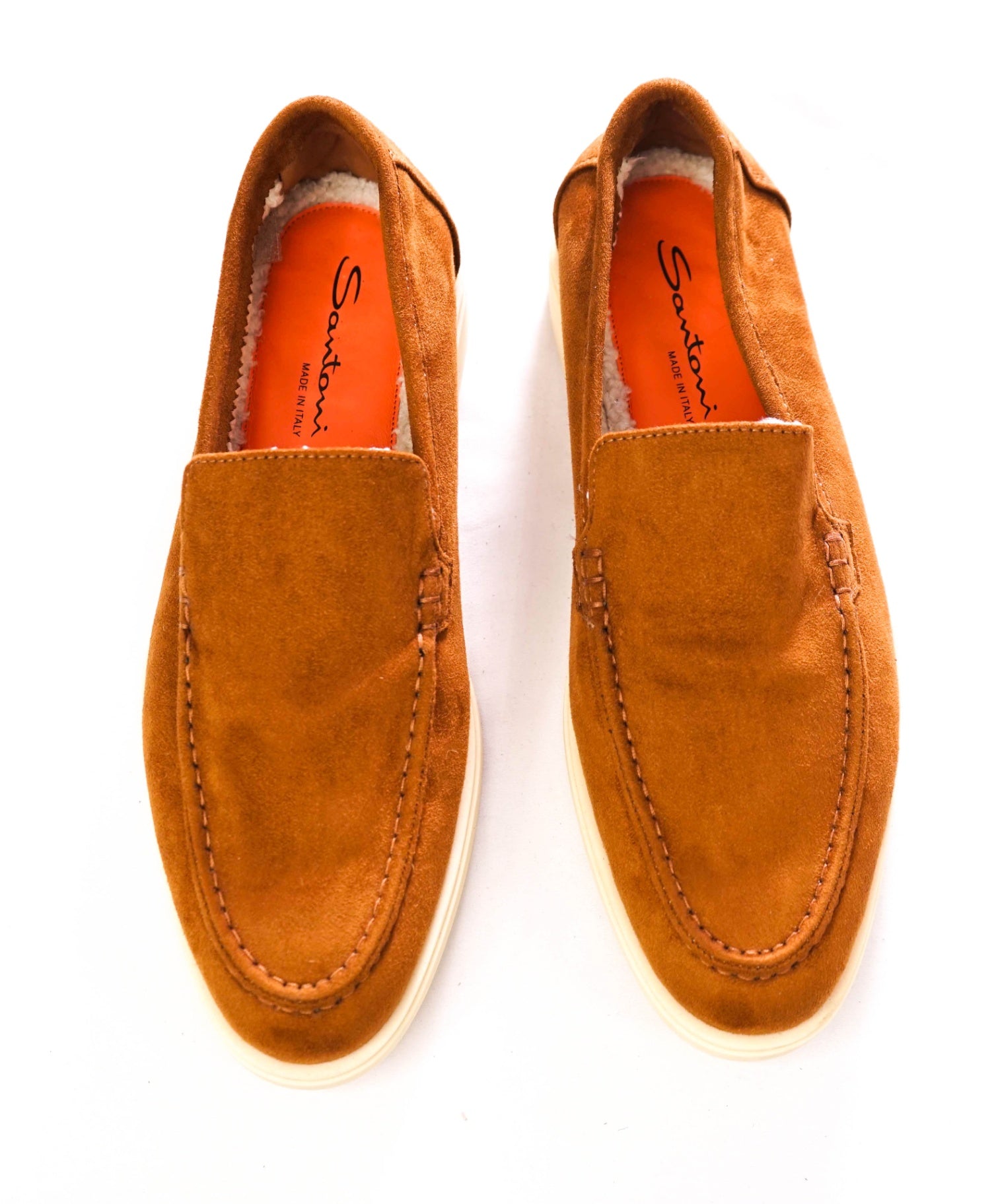 $990 SANTONI - Brown Suede Shearling-Lined Loafers - US 10 (9UK)