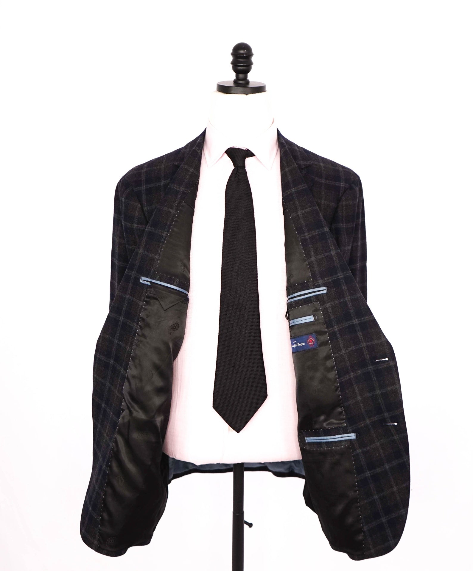 $3,695 ZEGNA - Navy/Charcoal Gray Plaid Wool/Cashmere Blazer - 48R