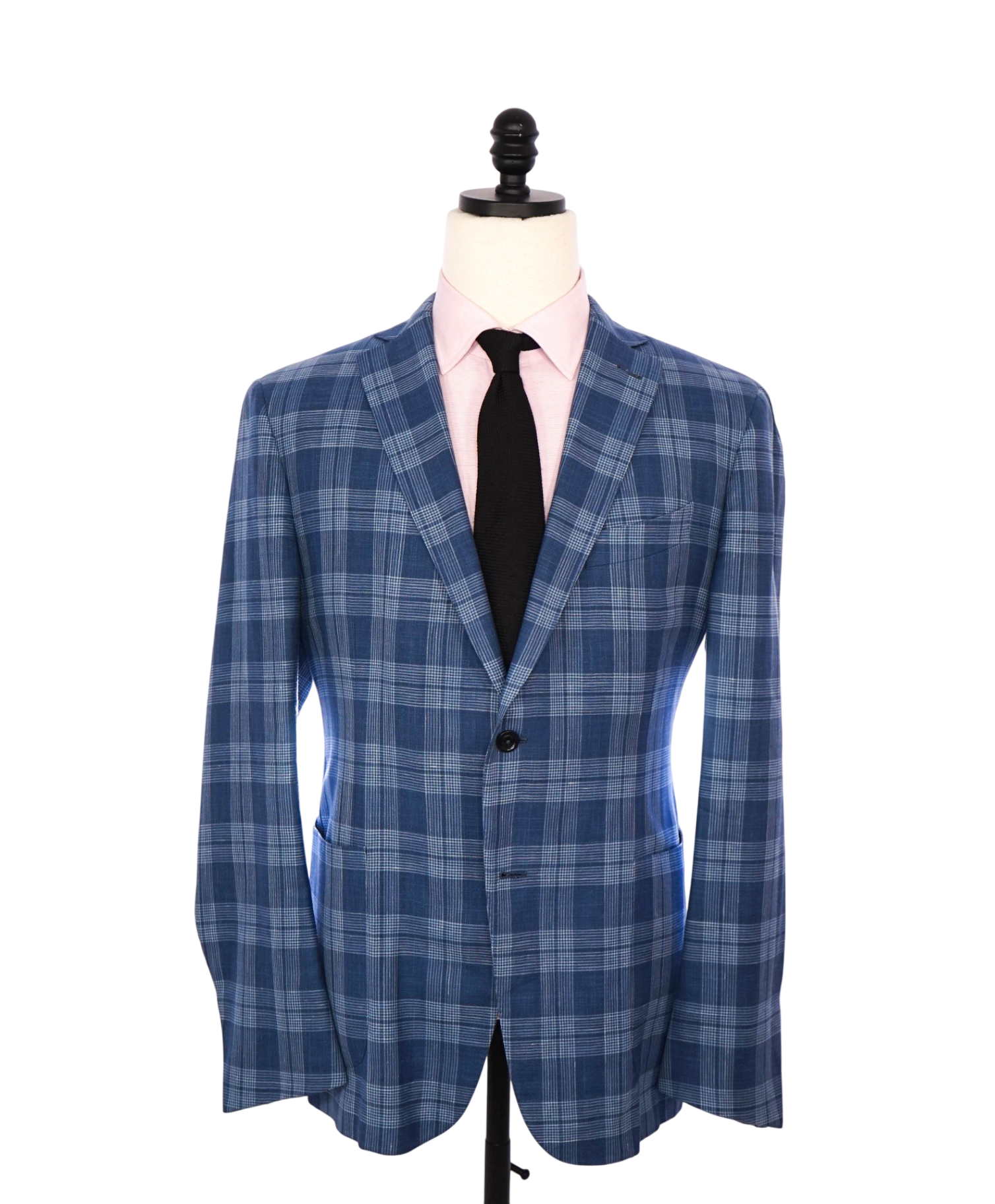 $3,575 ZEGNA - Blue Plaid Wool/Silk/Linen Blazer - 44S
