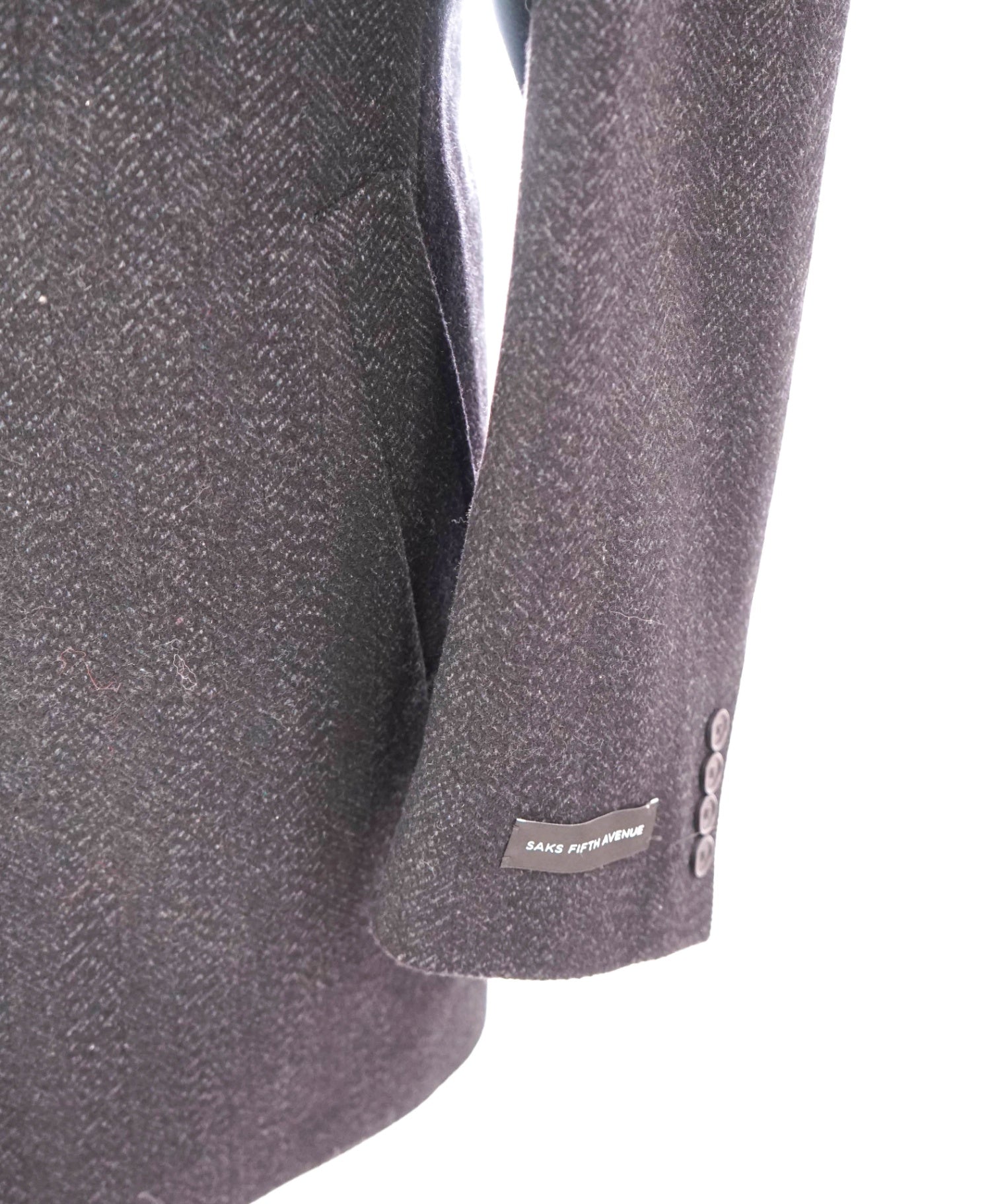 $795 SAKS FIFTH AVENUE - Black Herringbone Wool Blend Coat - 44R