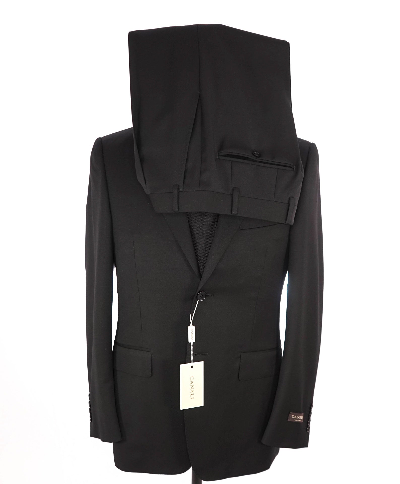 $2,795 CANALI - Solid Black Pure Wool Suit - 34R