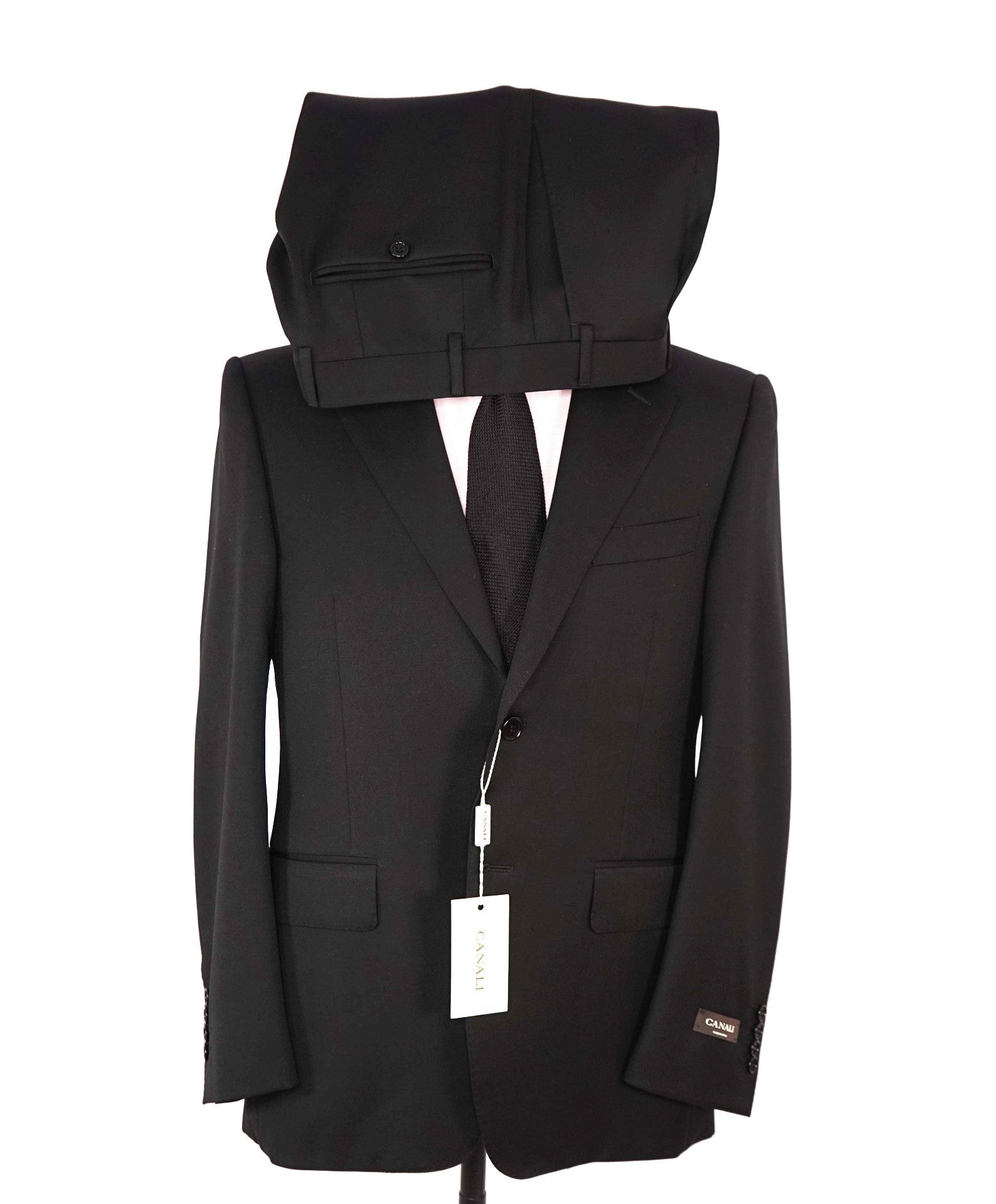 $2,795 CANALI - Solid Black Pure Wool Suit - 36S