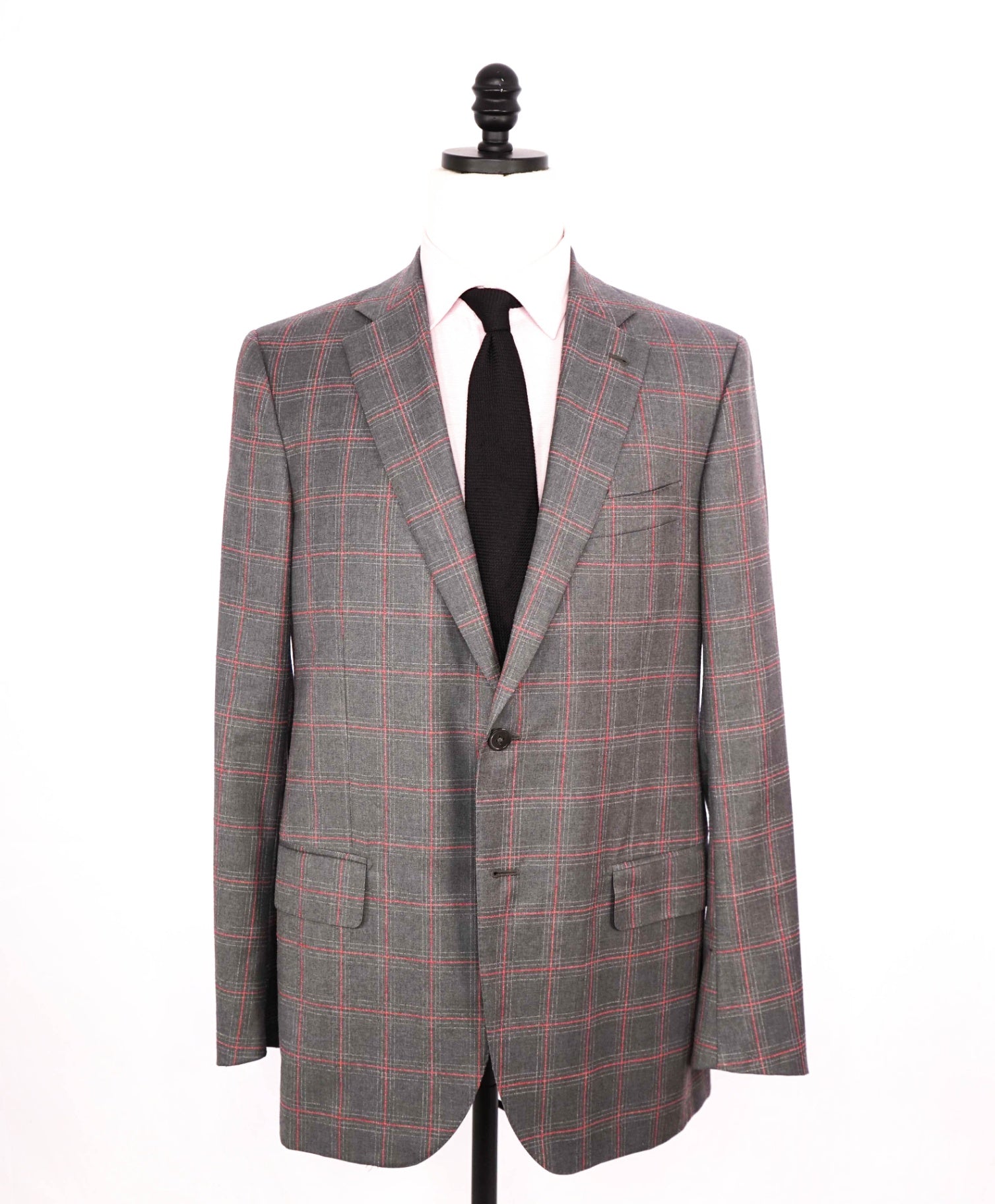 $4,250 ISAIA - Gray/Red Textured Plaid Wool Suit - 42L