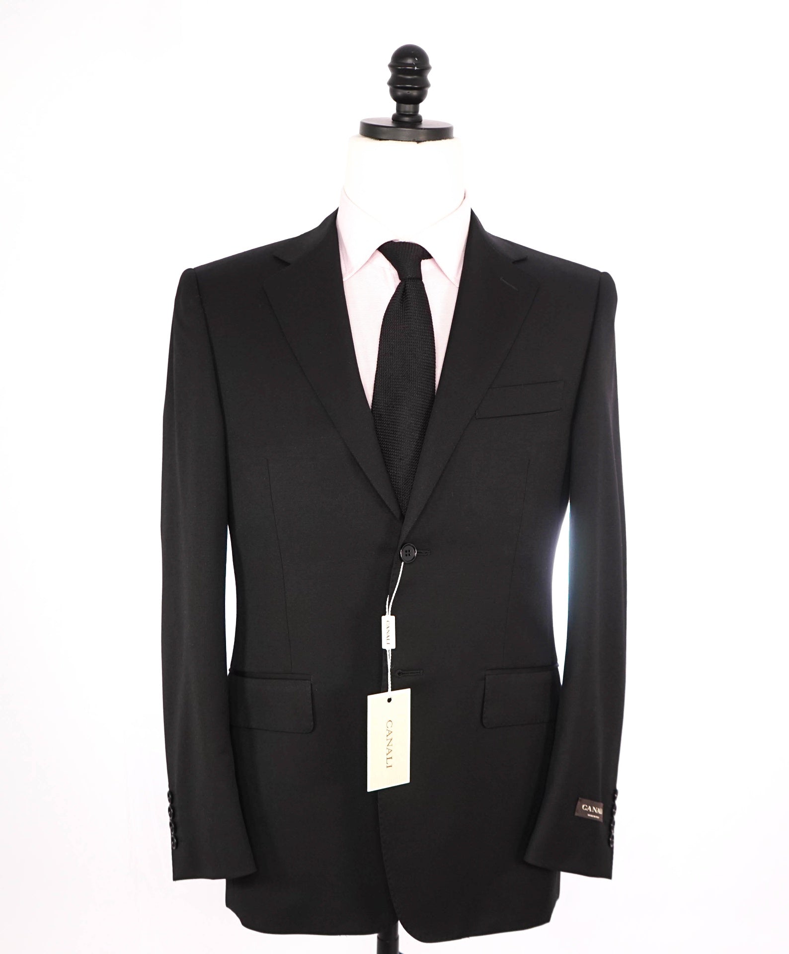 $2,795 CANALI - Solid Black Pure Wool Suit - 34R