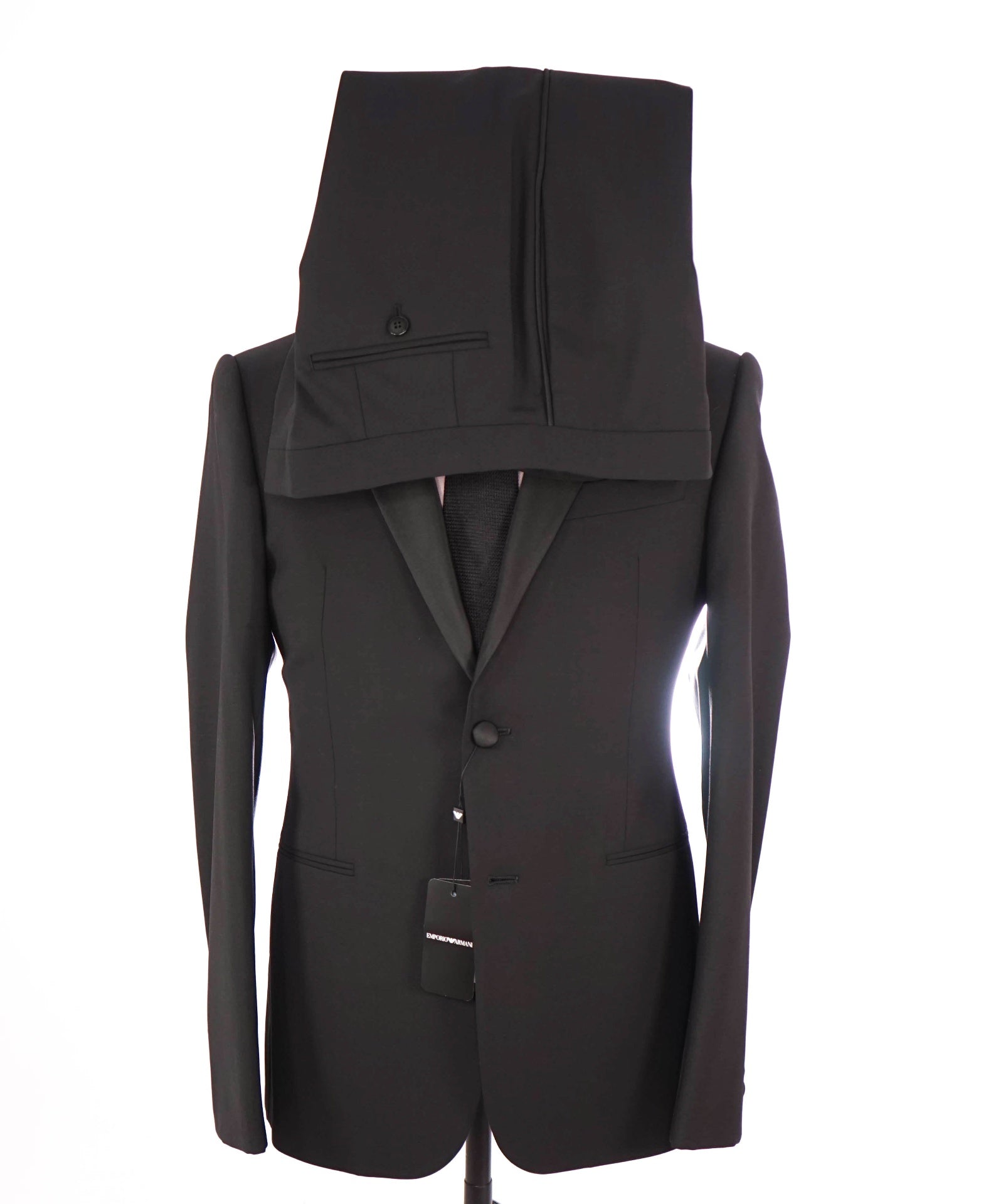 $1,995 EMPORIO ARMANI - Black Wool Peak Lapel Tuxedo - 36R