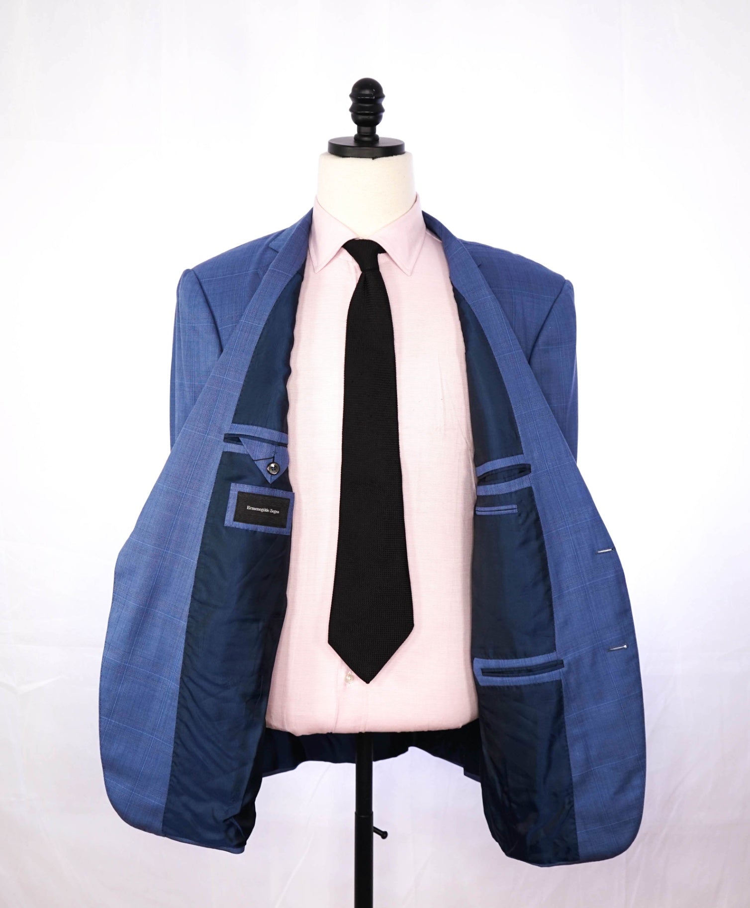$4,090 ZEGNA - Blue Plaid Wool Suit - 46R