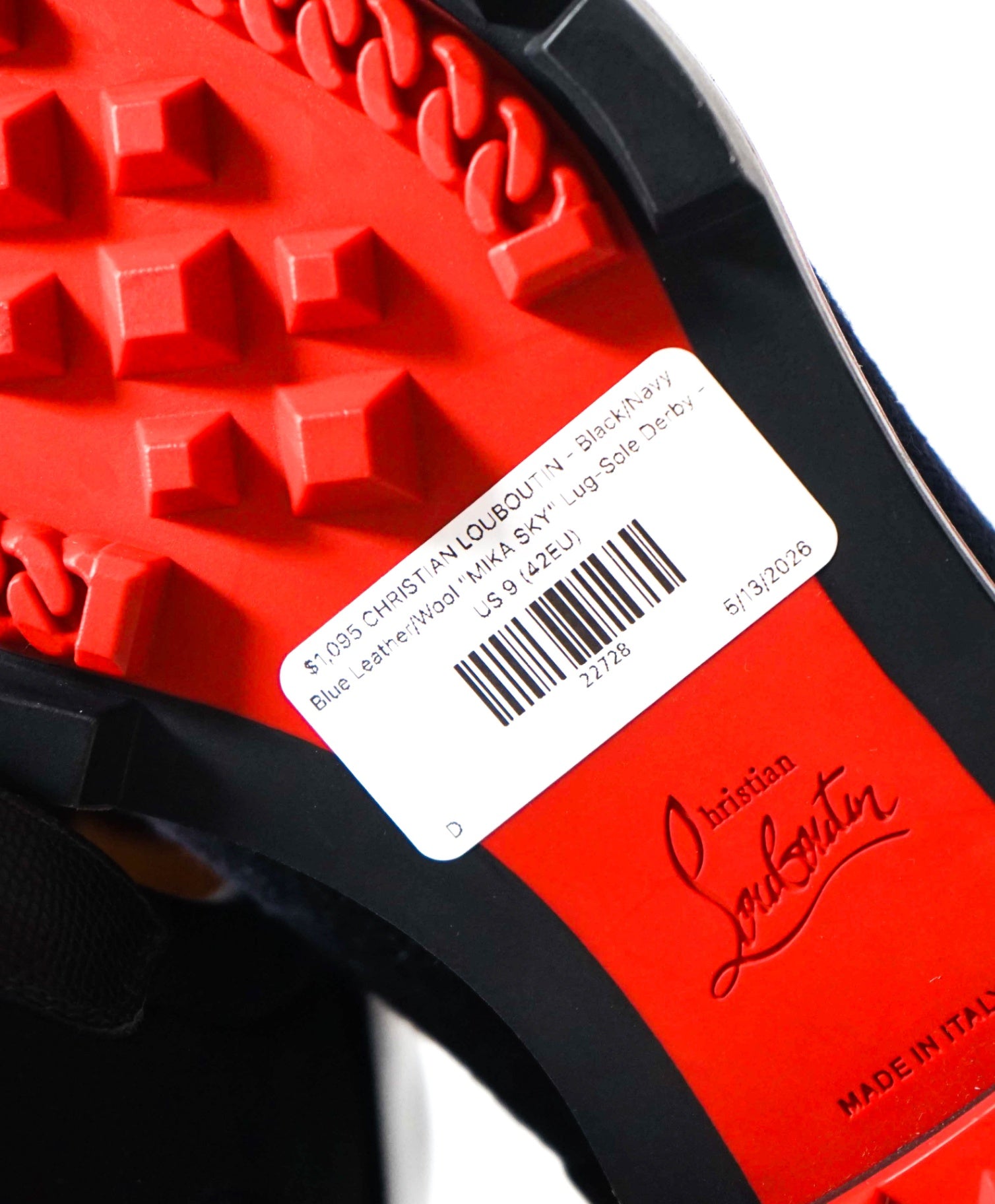 $1,095 LOUBOUTIN - Black/Navy Blue Leather/Wool "MIKA SKY" Lug-Sole Derby - US 9 (42EU)