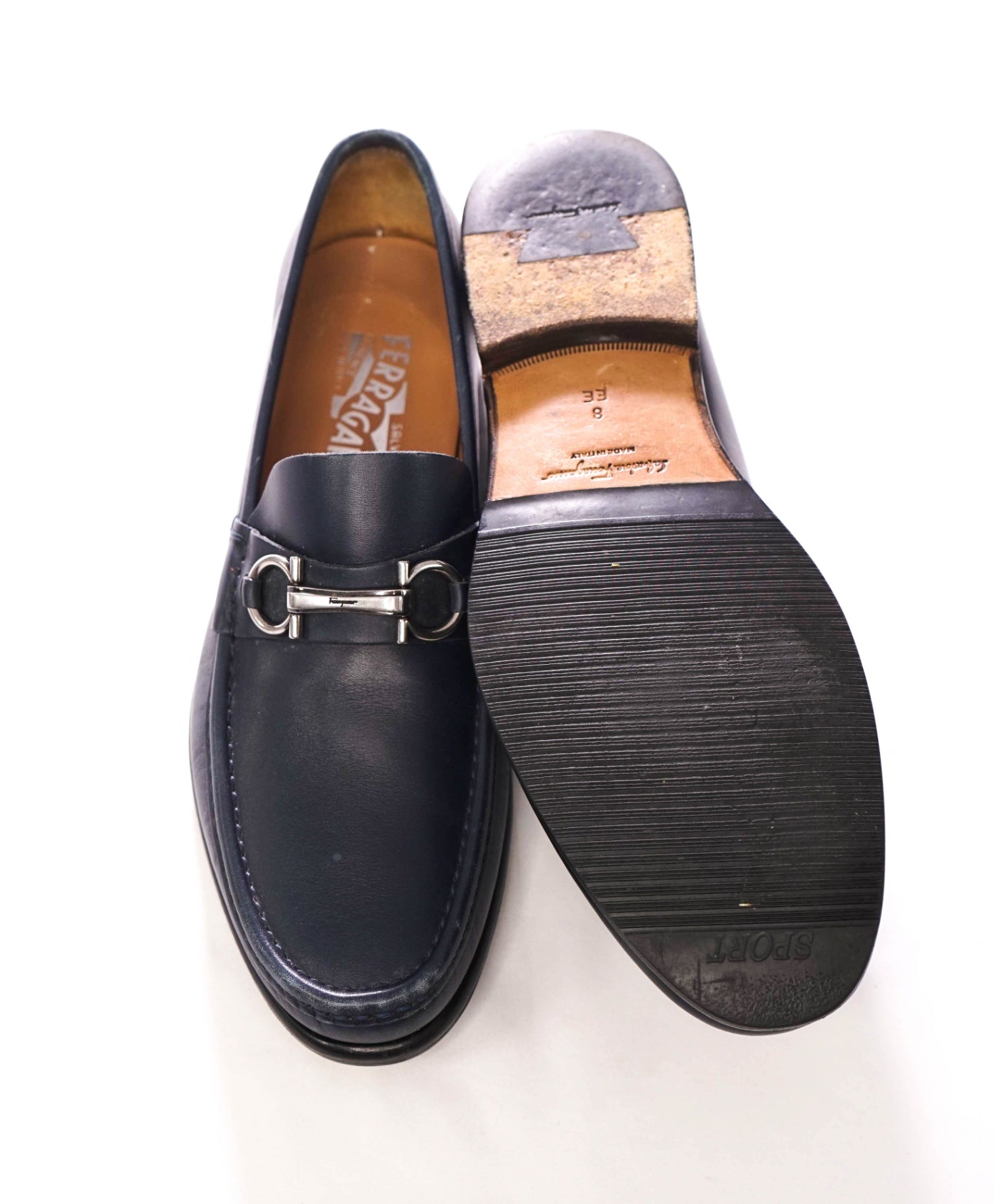 $850 FERRAGAMO - "RAFAEL" Navy Blue Leather Loafers - 8 EE