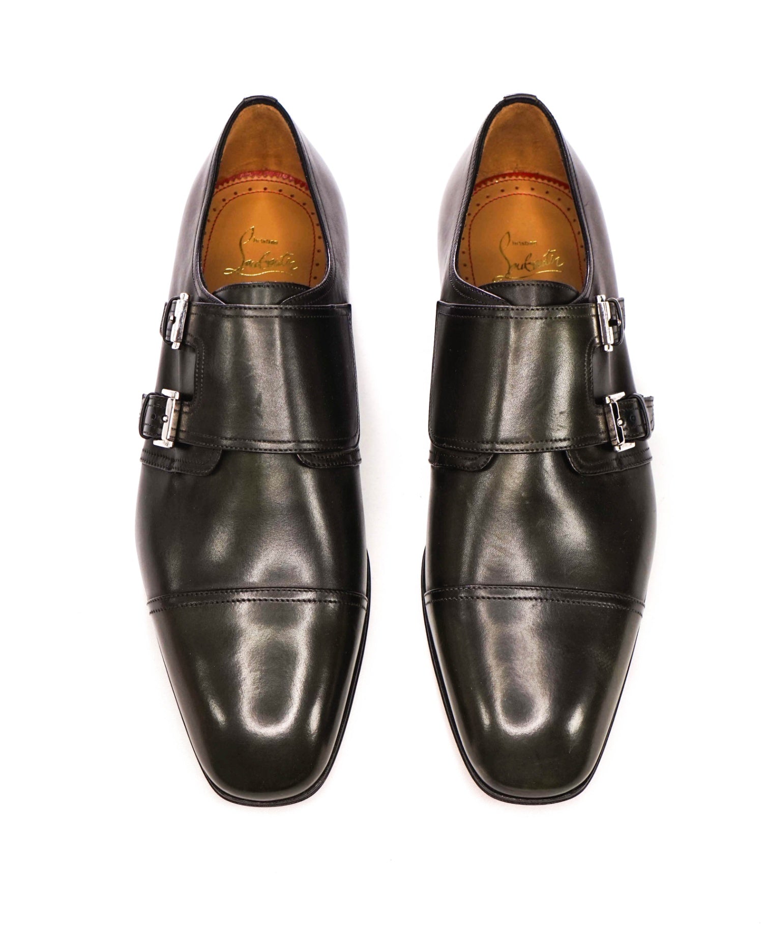 $1,250 LOUBOUTIN - "MORTIMER" Dark Green Leather Monk Straps - US 7 (40EU)