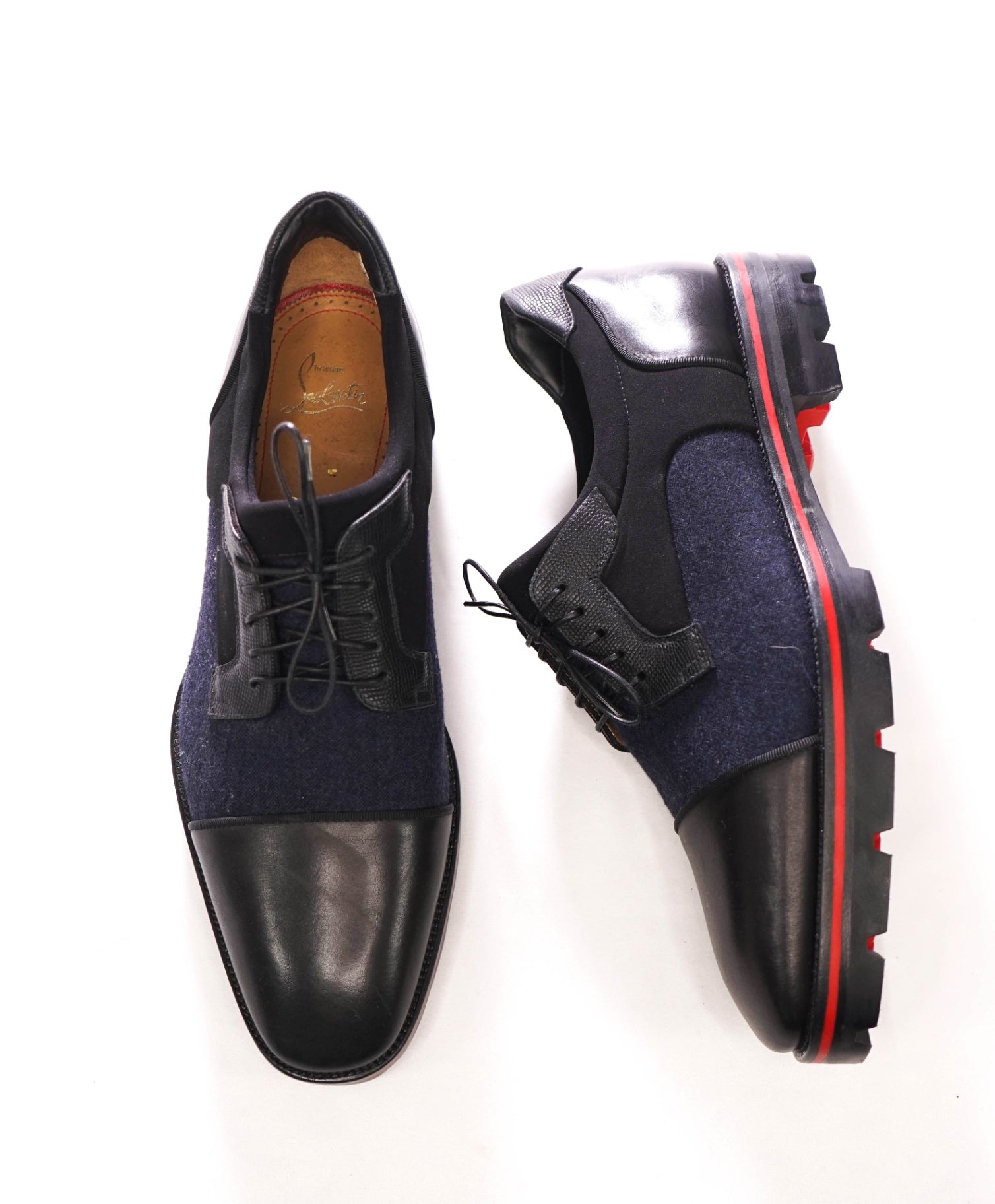 $1,095 LOUBOUTIN - Black/Navy Blue Leather/Wool "MIKA SKY" Lug-Sole Derby - US 9 (42EU)