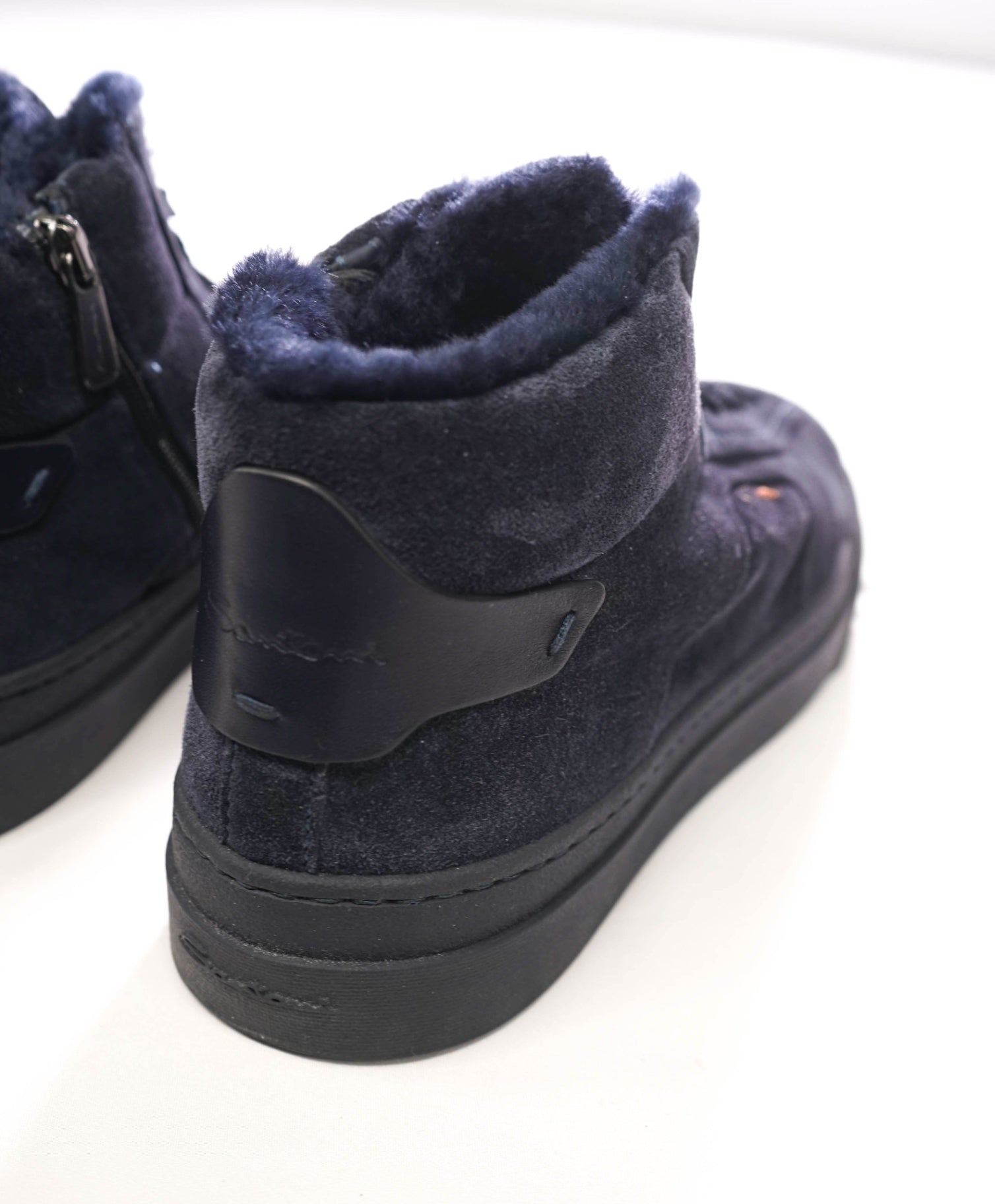 $860 SANTONI - Navy Blue Suede Shearling Lined Sneakers - US 8 (7UK)