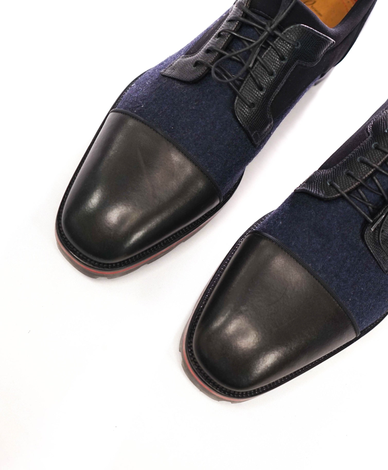 $1,095 LOUBOUTIN - Black/Navy Blue Leather/Wool "MIKA SKY" Lug-Sole Derby - US 9 (42EU)