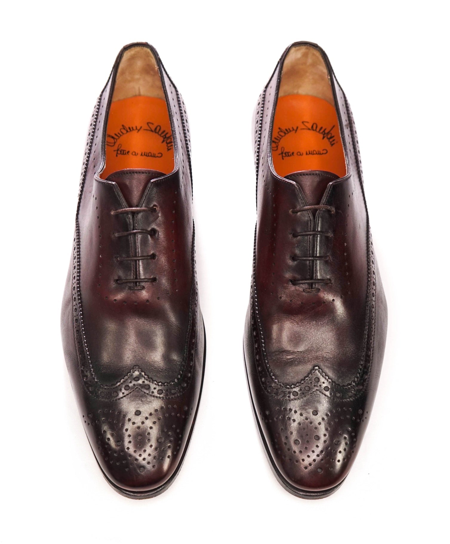 $1,295 SANTONI - Oxblood Leather Wingtip Oxfords - US 12 (11UK)