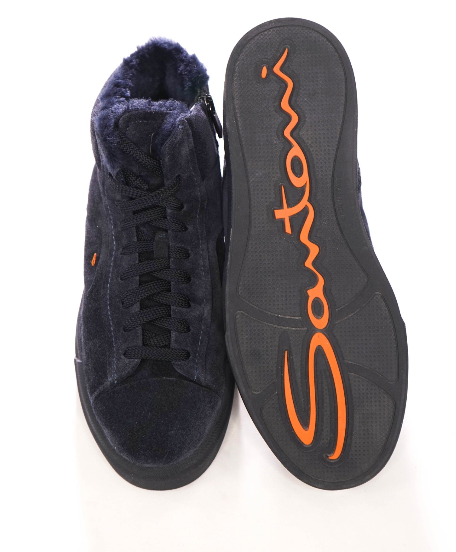 $860 SANTONI - Navy Blue Suede Shearling Lined Sneakers - US 8 (7UK)