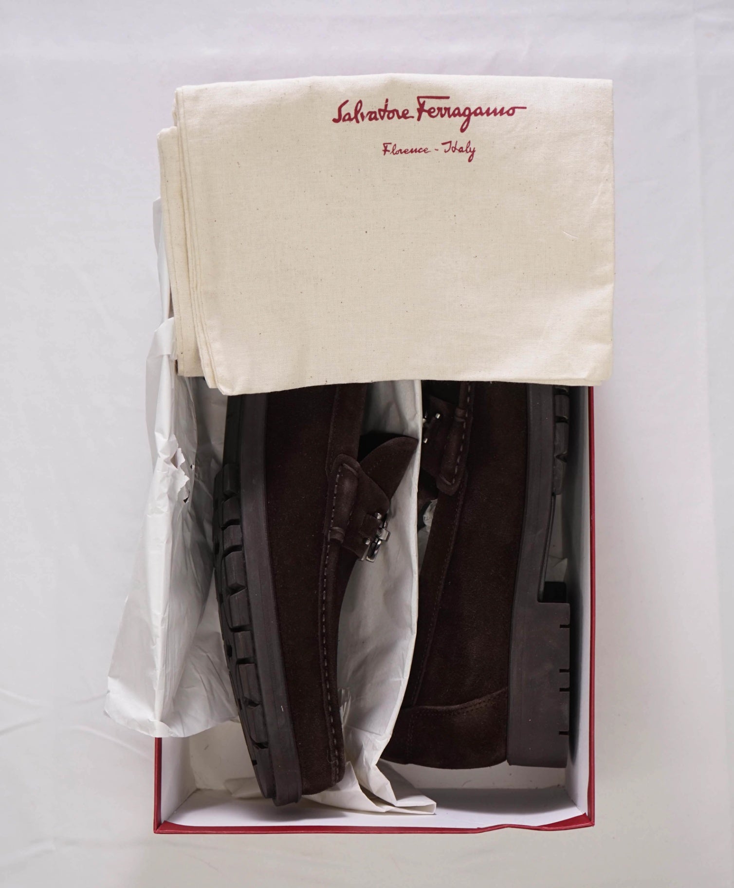 $850 FERRAGAMO - "MASTER" Brown Suede Lug Sole Loafer - 11.5 D