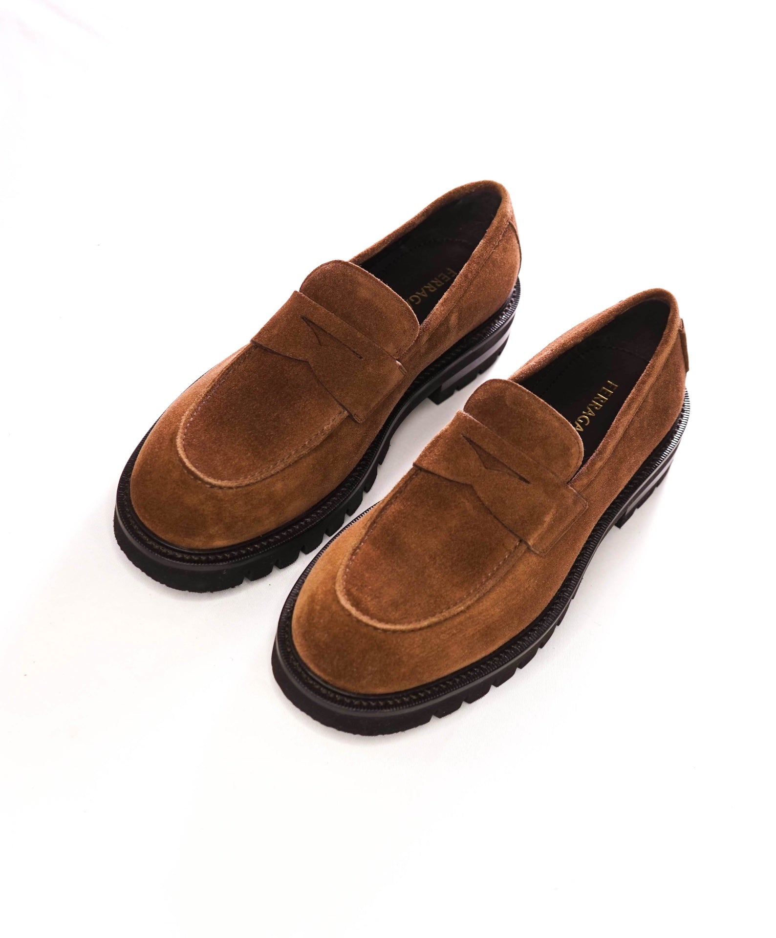 $995 FERRAGAMO - Brown Suede "AUKLAND" Lug Sole Loafers - 8 EE