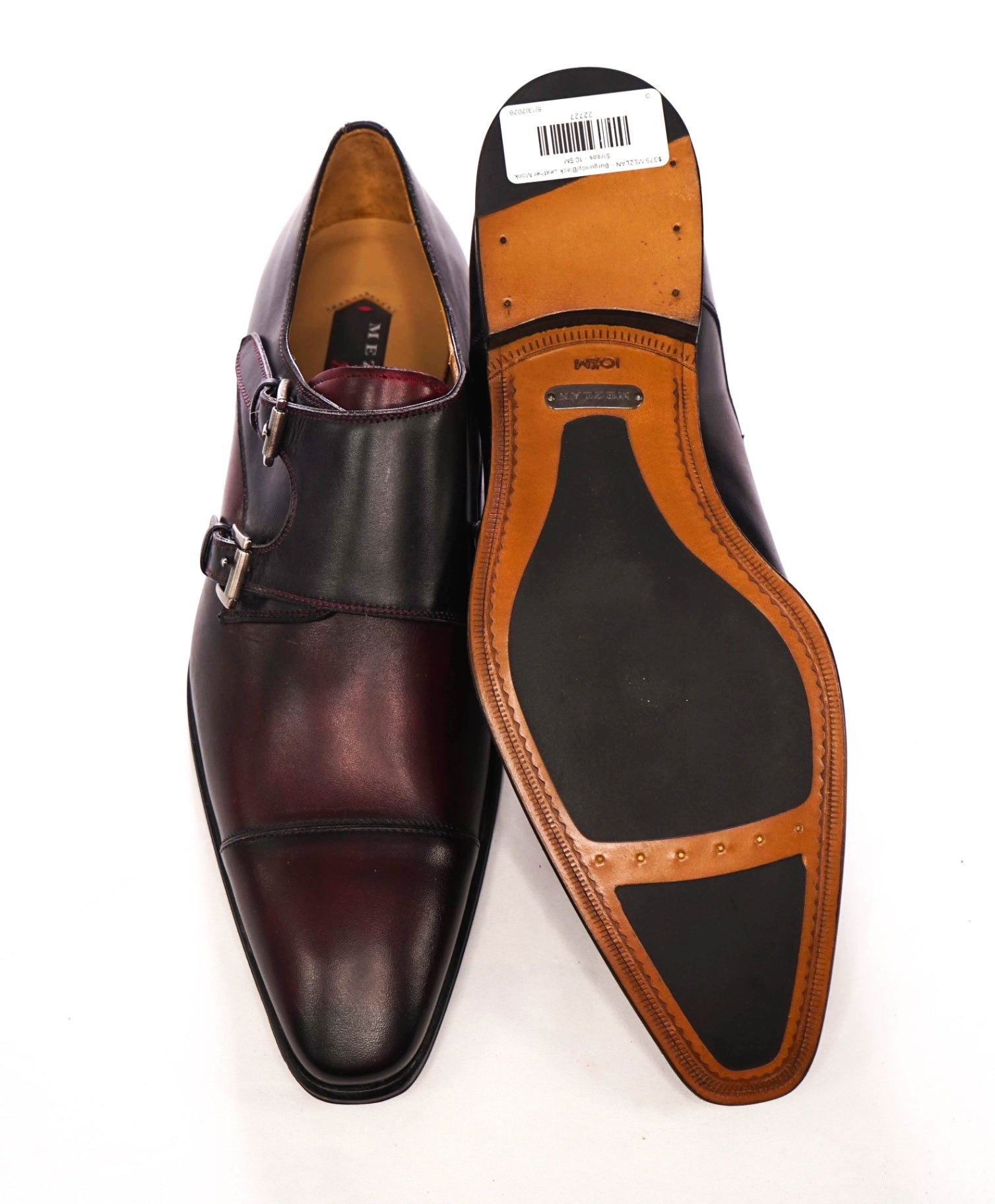 $375 MEZLAN - Burgundy/Black Leather Monk Straps - 10.5M