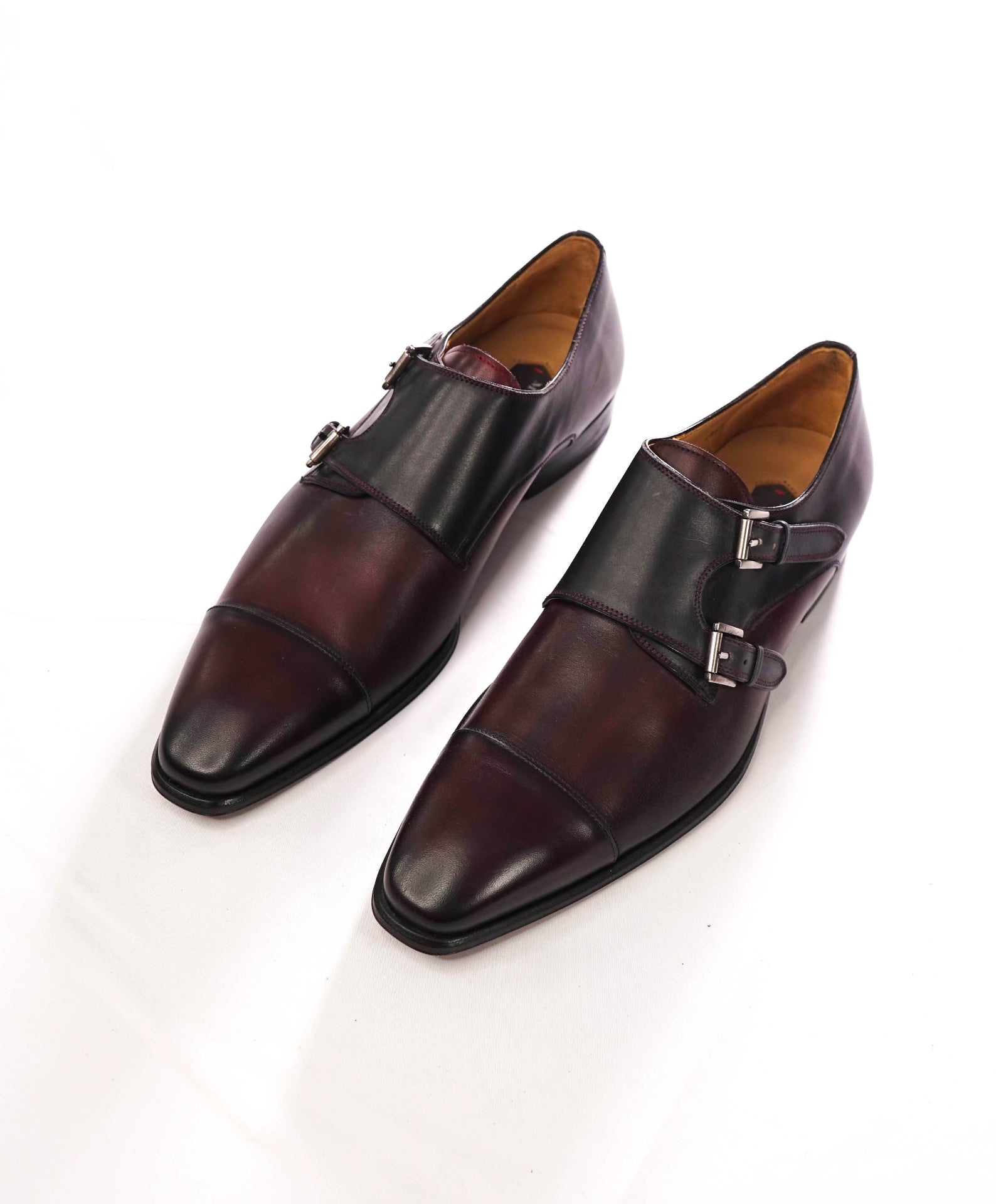 $375 MEZLAN - Burgundy/Black Leather Monk Straps - 10.5M